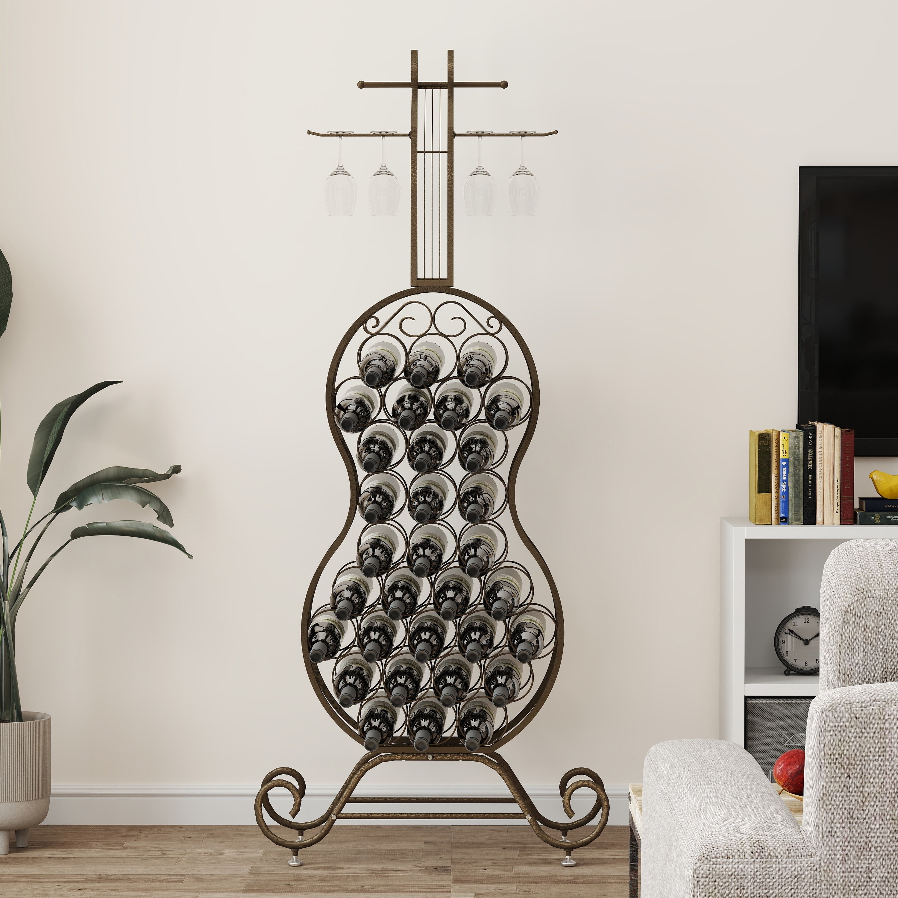 Mintazer 32 Bottle Cello Shaped Wine Rack with Glass Holders, Wine Storage for Kitchen & Dining Rooms, Brown