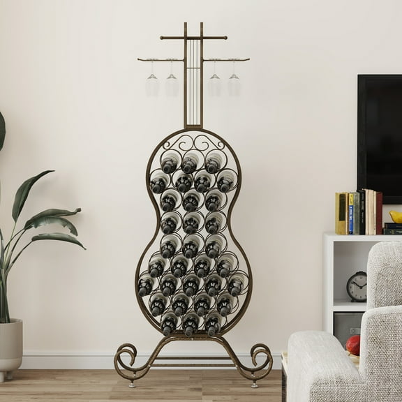 Mintazer 32 Bottle Cello Shaped Wine Rack with Glass Holders, Wine Storage for Kitchen & Dining Rooms, Brown