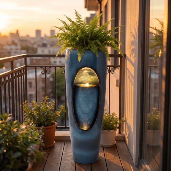 Mintazer 32" Tall Vertical Blue Glazed Planter Water Fountain with Warm LED Light, Silent Recirculating Pump 2-in-1 Plant & Waterfall Feature for Indoor Patio Garden Poolside Entryway