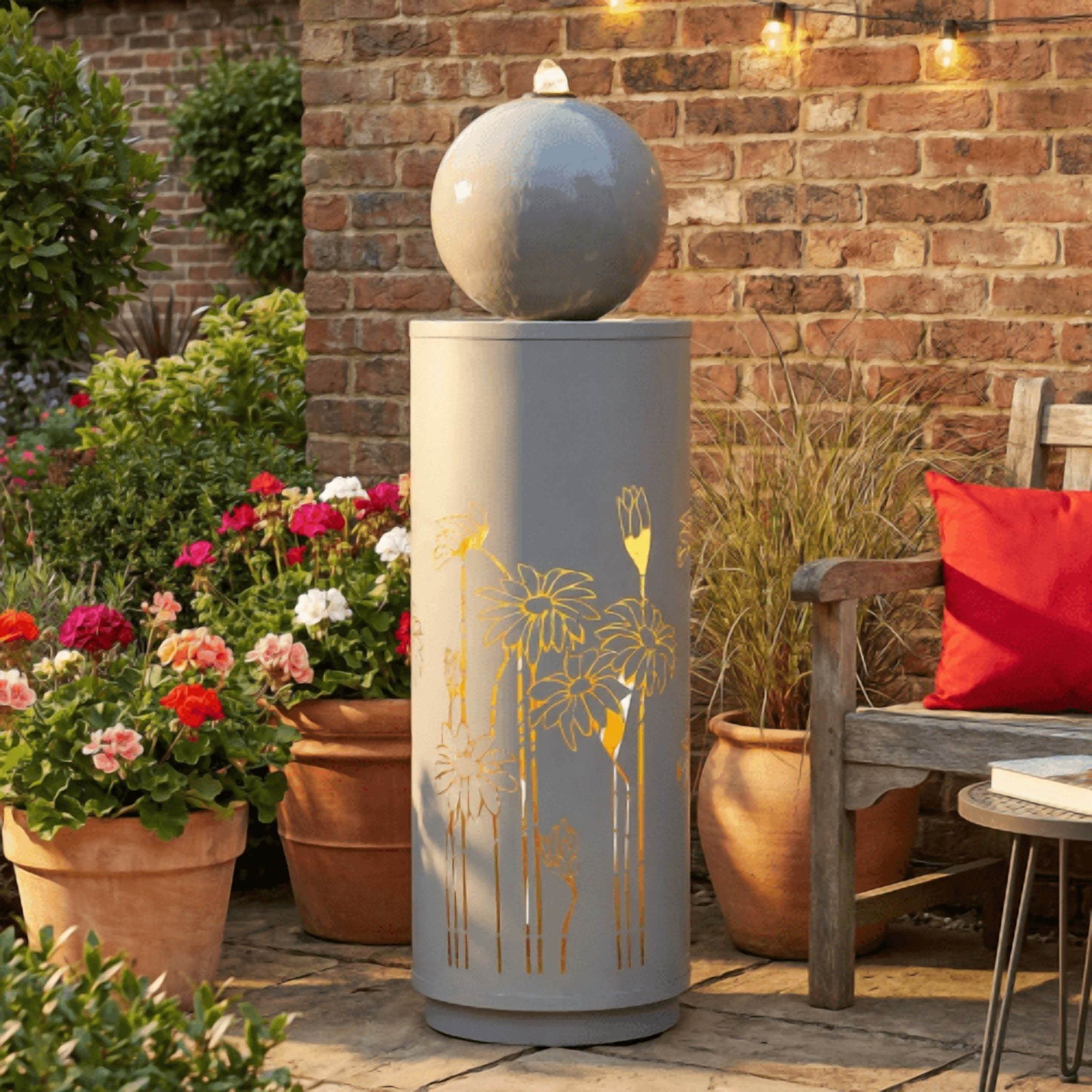 Mintazer 34.2"H Floral Cutout Cylinder Sphere Top Outdoor Fountain, Weatherproof Metal Water Feature with Dual Warm LED Lights & Silent Recirculating Pump for Patio Garden Backyard Decor, Gray