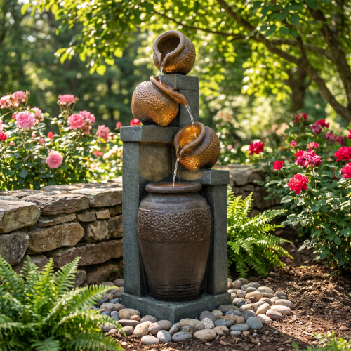 Mintazer 34" 4-Tier Rustic Pot Cascading Polyresin Outdoor Water Fountain with Warm LED Lights for Garden Patio Backyard Porch