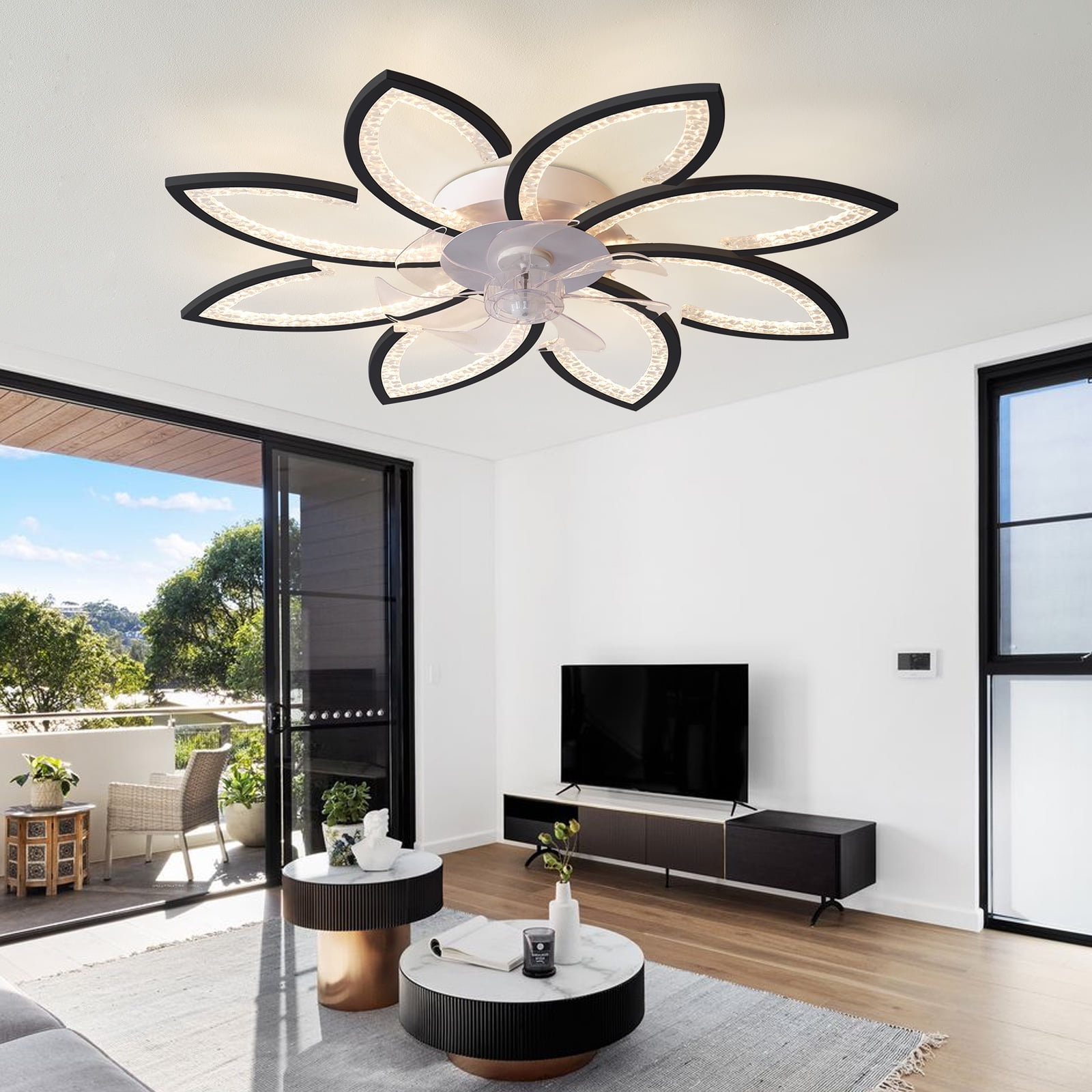 Mintazer 35.4" Modern Ceiling Fan with Remote Control, Modern Dimmable Flower Shaped, 6-Speed Adjustable 3-Color Temperature LED Lights with Fan for Bedrooms & Living Rooms