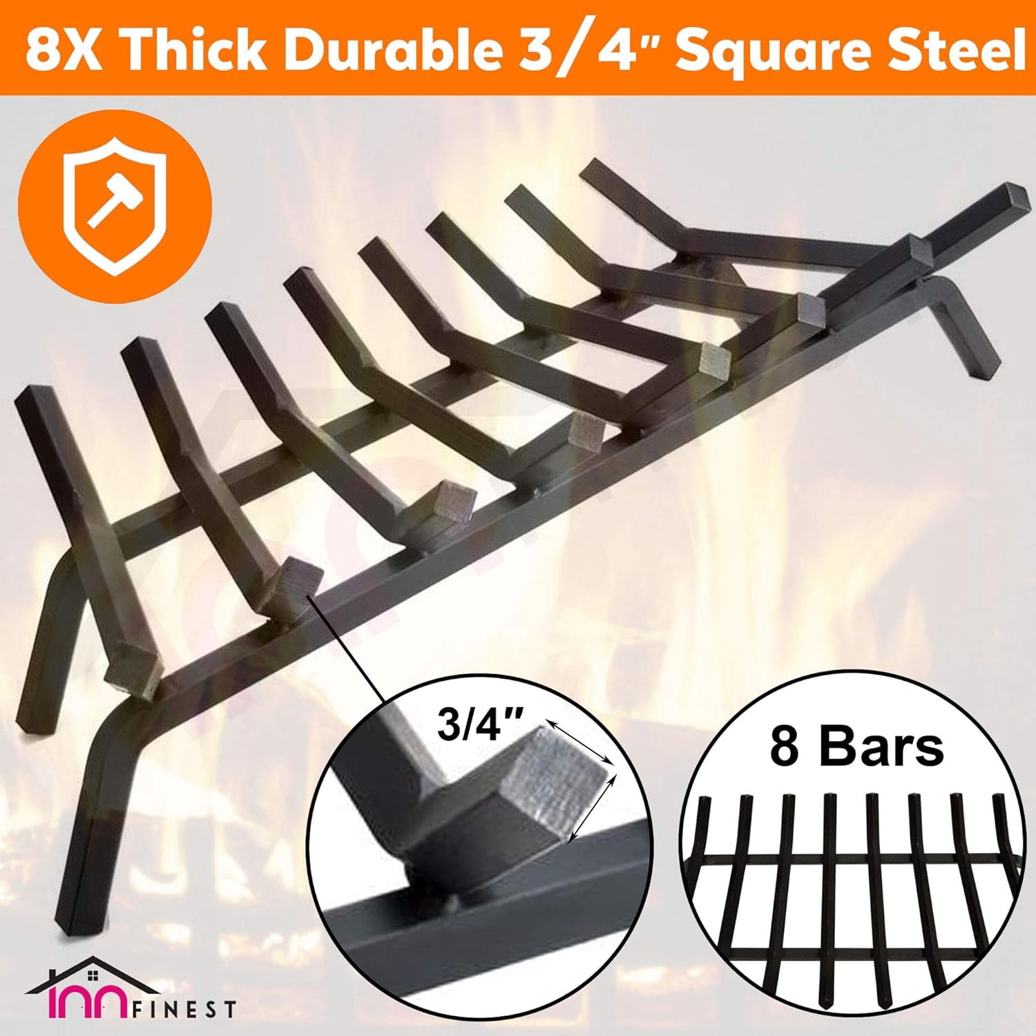Mintazer 36" Heavy Duty Fireplace Grate, 8-Bar 3/4" Square Steel Firewood Log Burning Rack, Multi-Purpose Indoor Outdoor Fire Pit Fireplace Accessories, Black