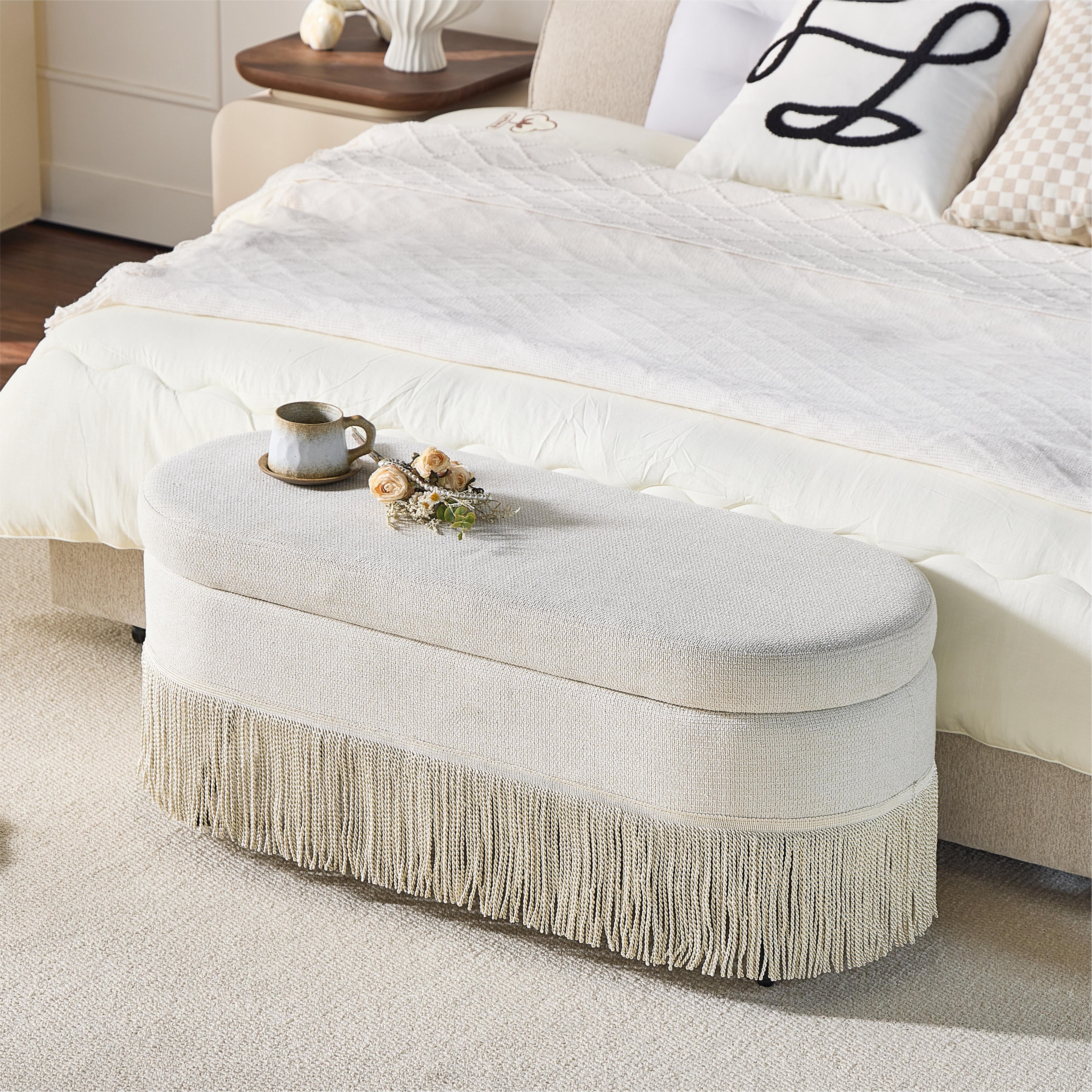 Mintazer 39.4" Oval Storage Ottoman with Tassel Trim, Linen Upholstered Bench with Hidden Storage for Bedroom Living Room, Beige