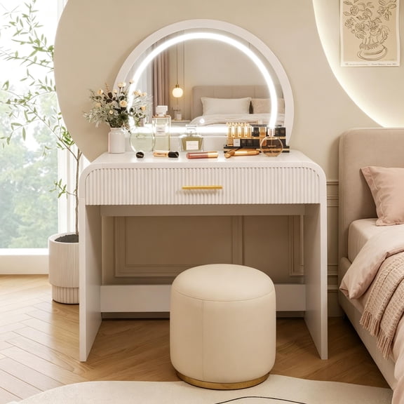 Mintazer 39" Makeup Vanity Table with Touch Screen 3 Adjustable Lighted Mirror, Dressing Table with Drawer for Bedroom, White