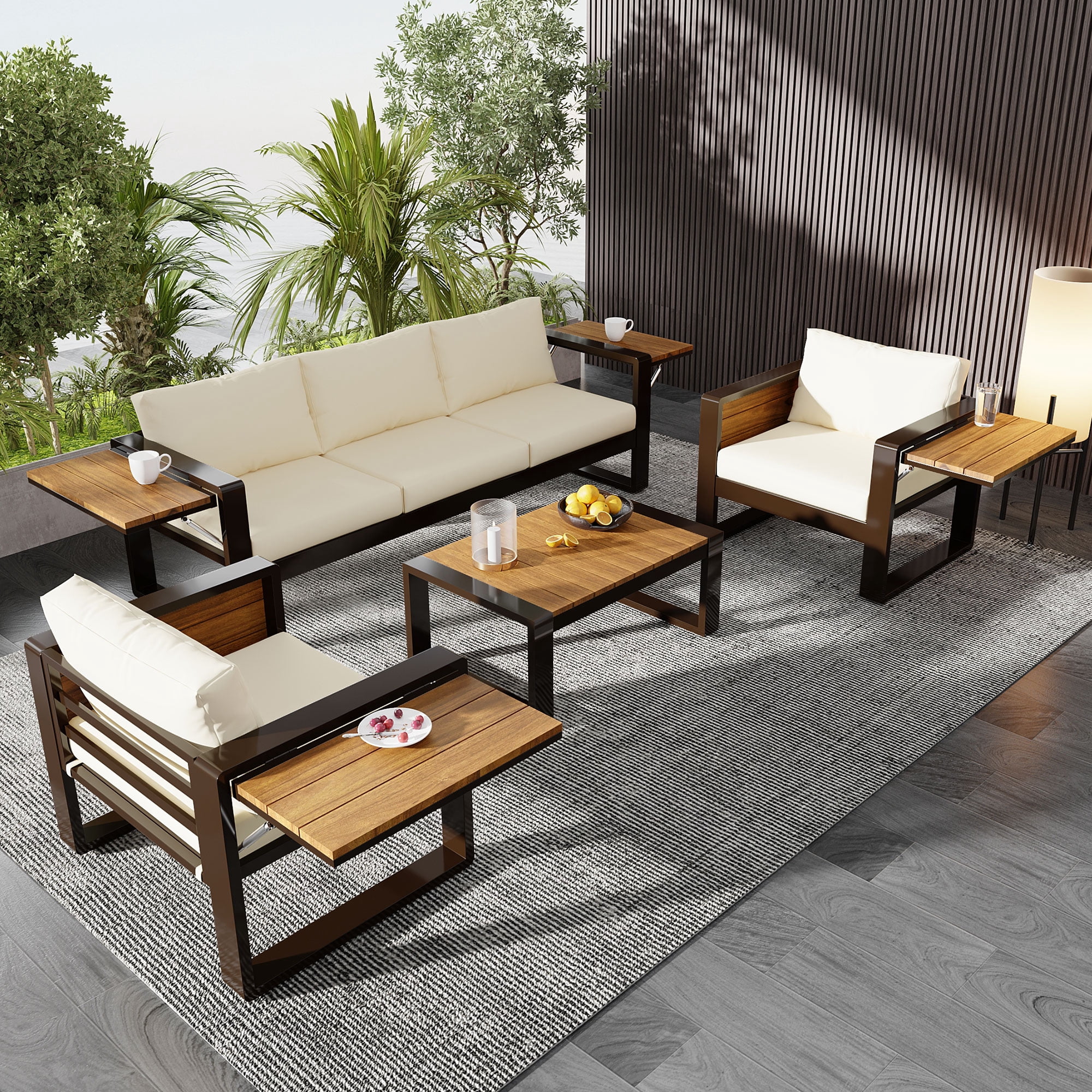 Mintazer 4-Piece Aluminum Patio Conversation Set with Tables & Sofa and 2 Armchairs, Modern Outdoor Furniture Set with Cushions for Patio Garden Balcony Backyard, Beige & Natural