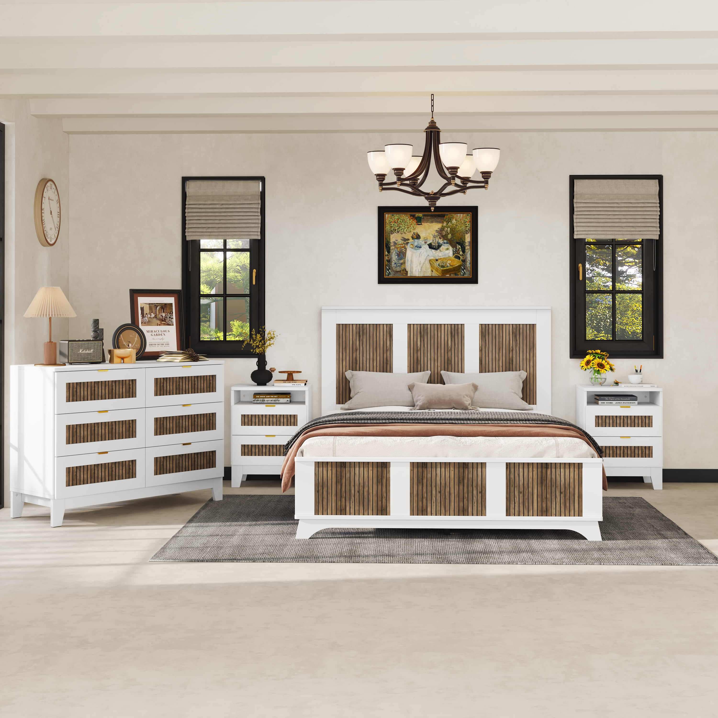 Mintazer 4 Piece Farmhouse Bedroom Set with 2 Nightstand & 6 Drawers Dresser, Queen Size Platform Bed Frame with Strip Stickers Decoration for Bedroom, White