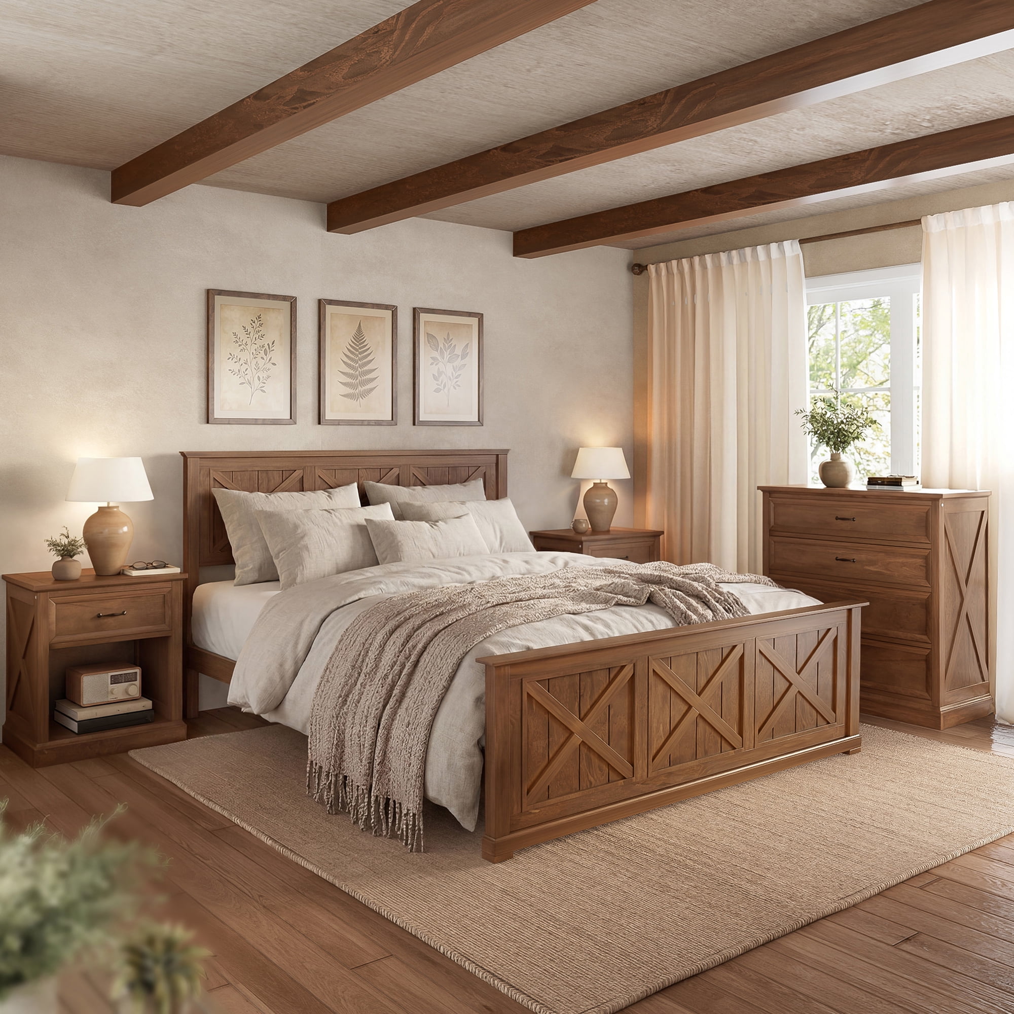 Mintazer 4 Piece Farmhouse Bedroom Set, Bedroom Furniture Set with Queen Size Platform Bed Frame and 2 Nightstands & Dresser for Bedroom, Walnut