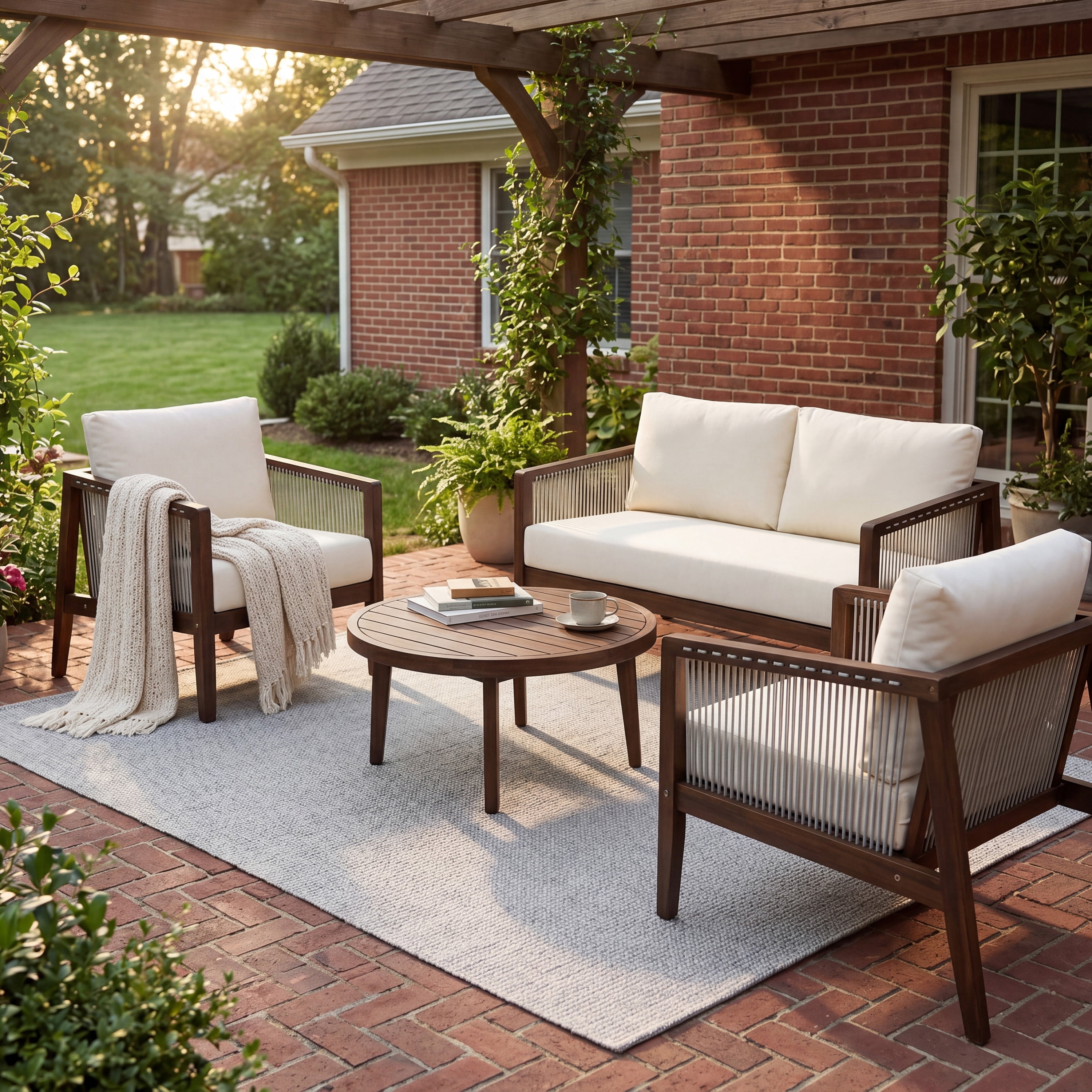 Mintazer 4-Piece Outdoor Furniture Patio Sofa Set with Rope Detail & Water-Repellent Cushions for Patio, Backyard, Poolside, Beige & Dark Brown
