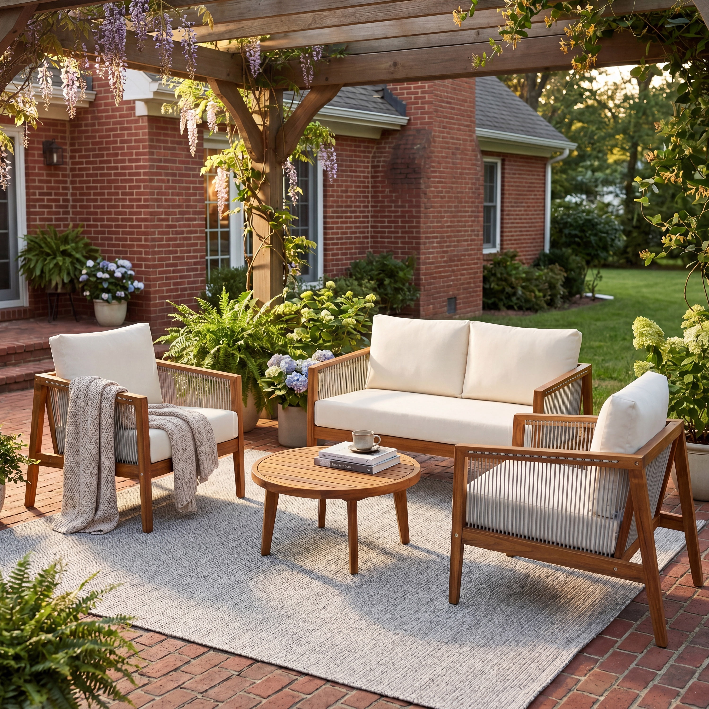 Mintazer 4-Piece Outdoor Furniture Patio Sofa Set with Rope Detail & Water-Repellent Cushions for Patio, Backyard, Poolside, Beige & Light Brown