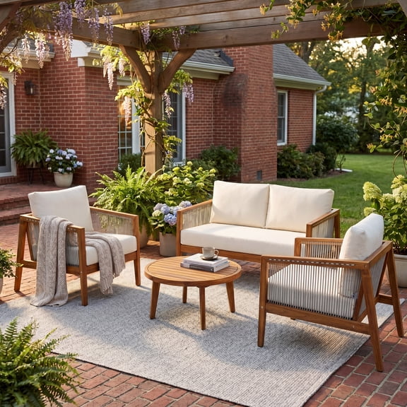 Mintazer 4-Piece Outdoor Furniture Patio Sofa Set with Rope Detail & Water-Repellent Cushions for Patio, Backyard, Poolside, Beige & Light Brown
