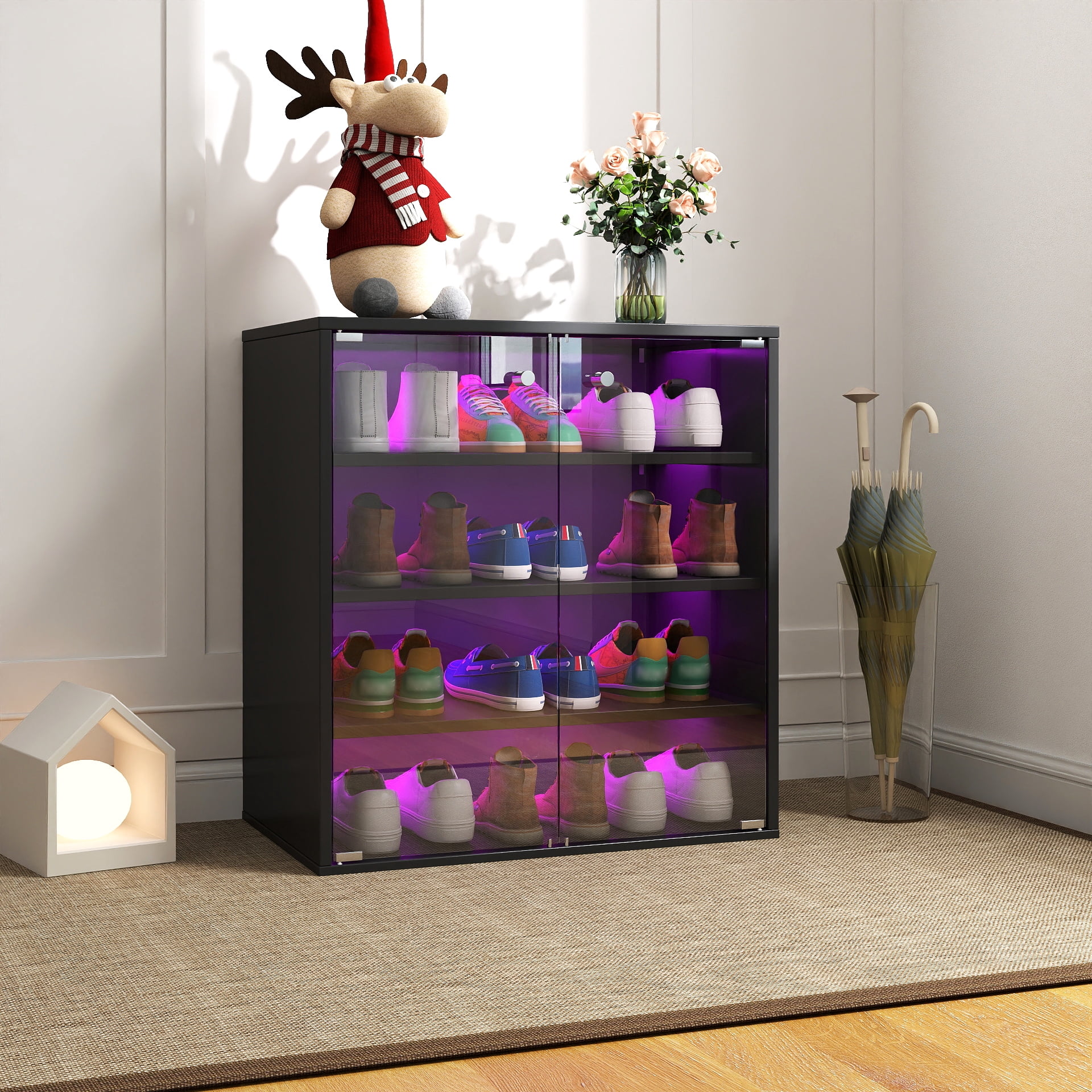 Mintazer 4 Tier Modern Shoe Storage Cabinet with LED Lights & Glass Door, Stackable Shoe Storage Box for Entryway, Black