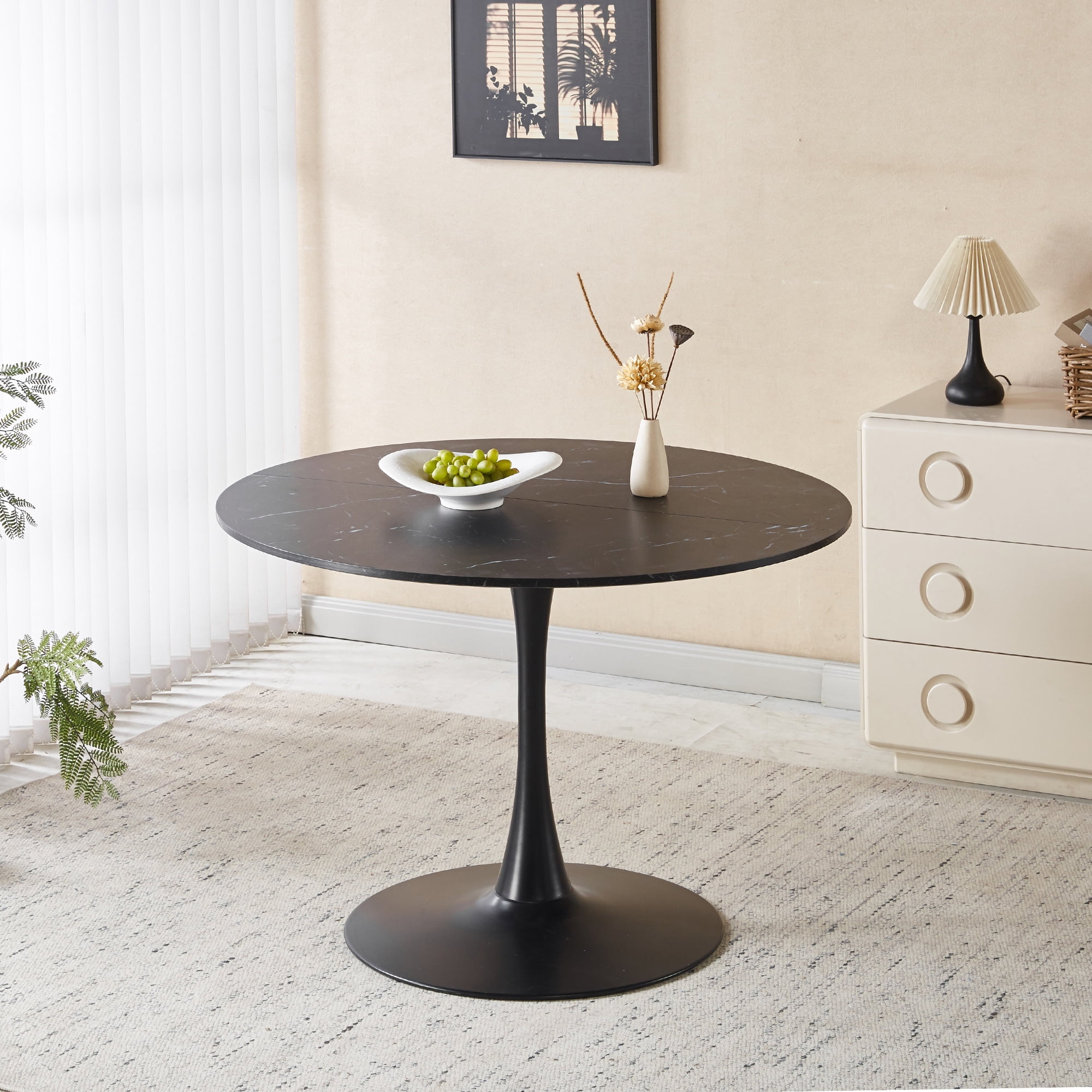 Mintazer 42.1" Large Round Dining Table Top Tulip Table for 4-6 People, Mid-Century MDF Kitchen Table for Dining Room, Black with Pattern