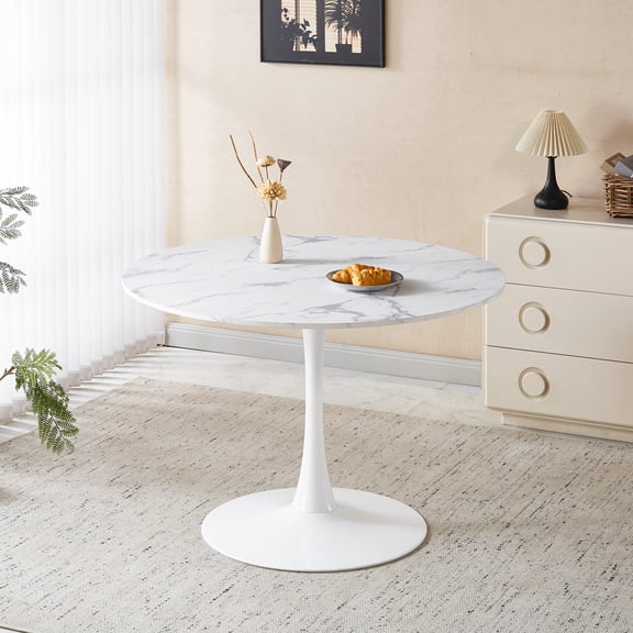 Mintazer 42.1" Large Round Dining Table Top Tulip Table for 4-6 People, Mid-Century MDF Kitchen Table for Dining Room, White with Pattern