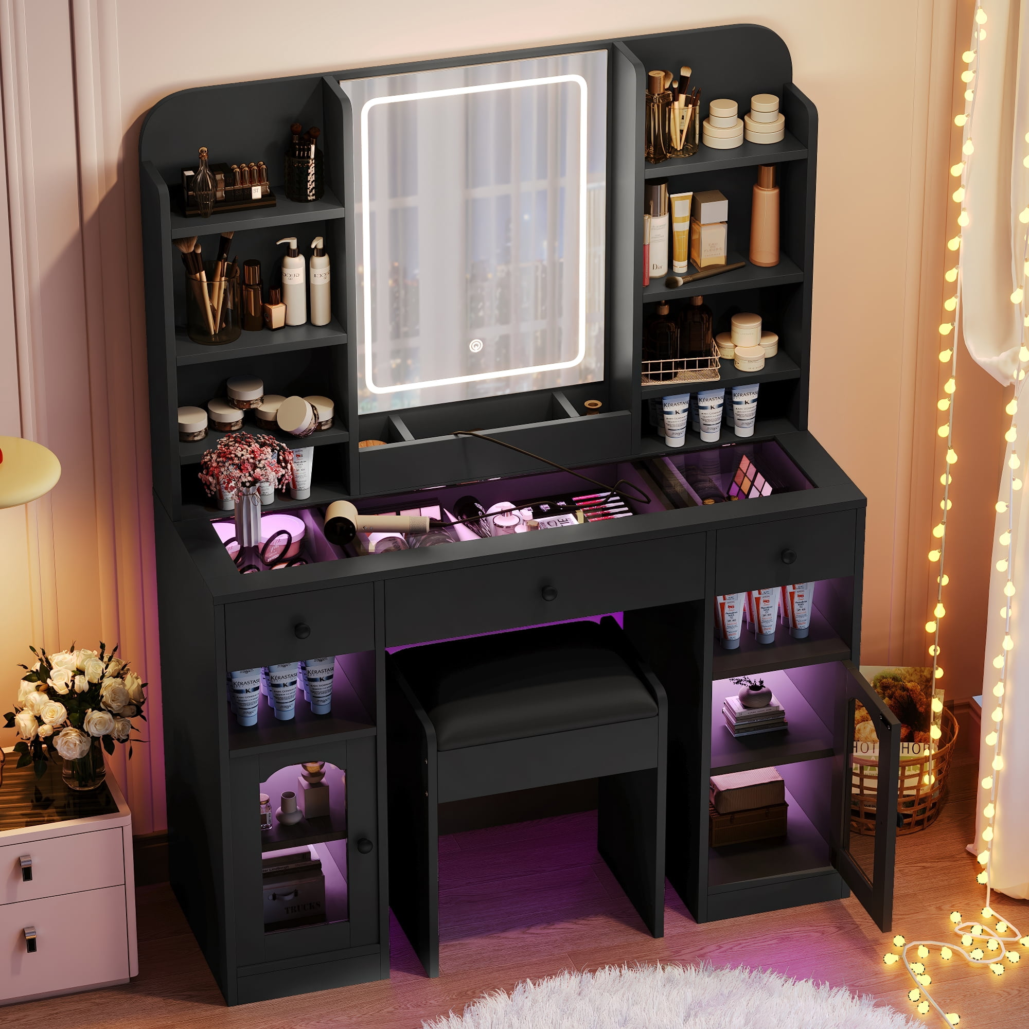 Mintazer 43.2" Vanity Desk with LED Mirror & RGB Glass Light Cabinets, Dressing Table with Charging Station & 3 Drawers, Makeup Vanity Table Set with Storage Shelves & Stool for Bedroom, Black