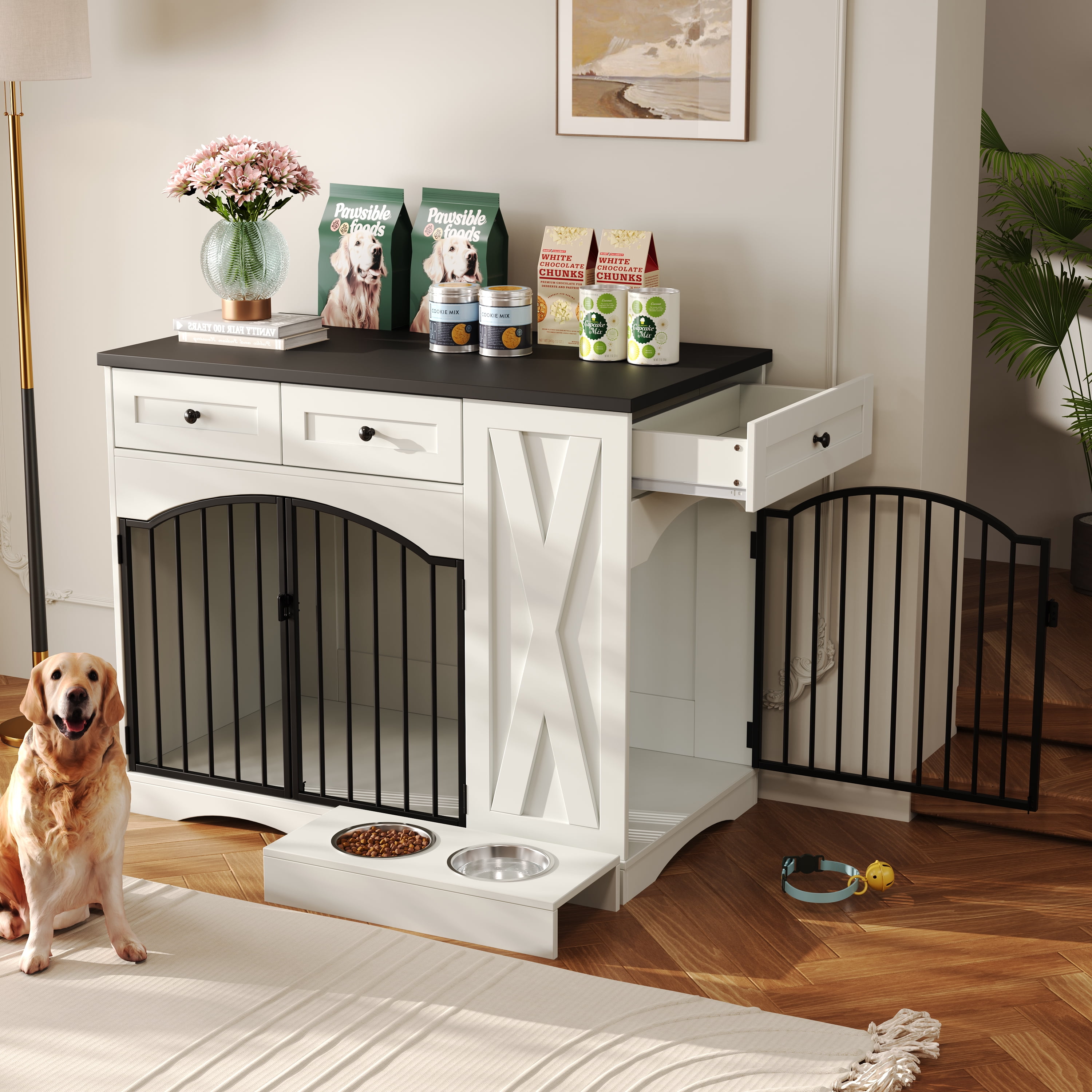 Mintazer 43.3" Farmhouse End Table Dog Crate Furniture & 2 Doors, Indoor Pet Kennel with 3 Storage Drawers & Detachable Feeder Tray, Dog Cage End Table for Medium Large Dogs, Black & White