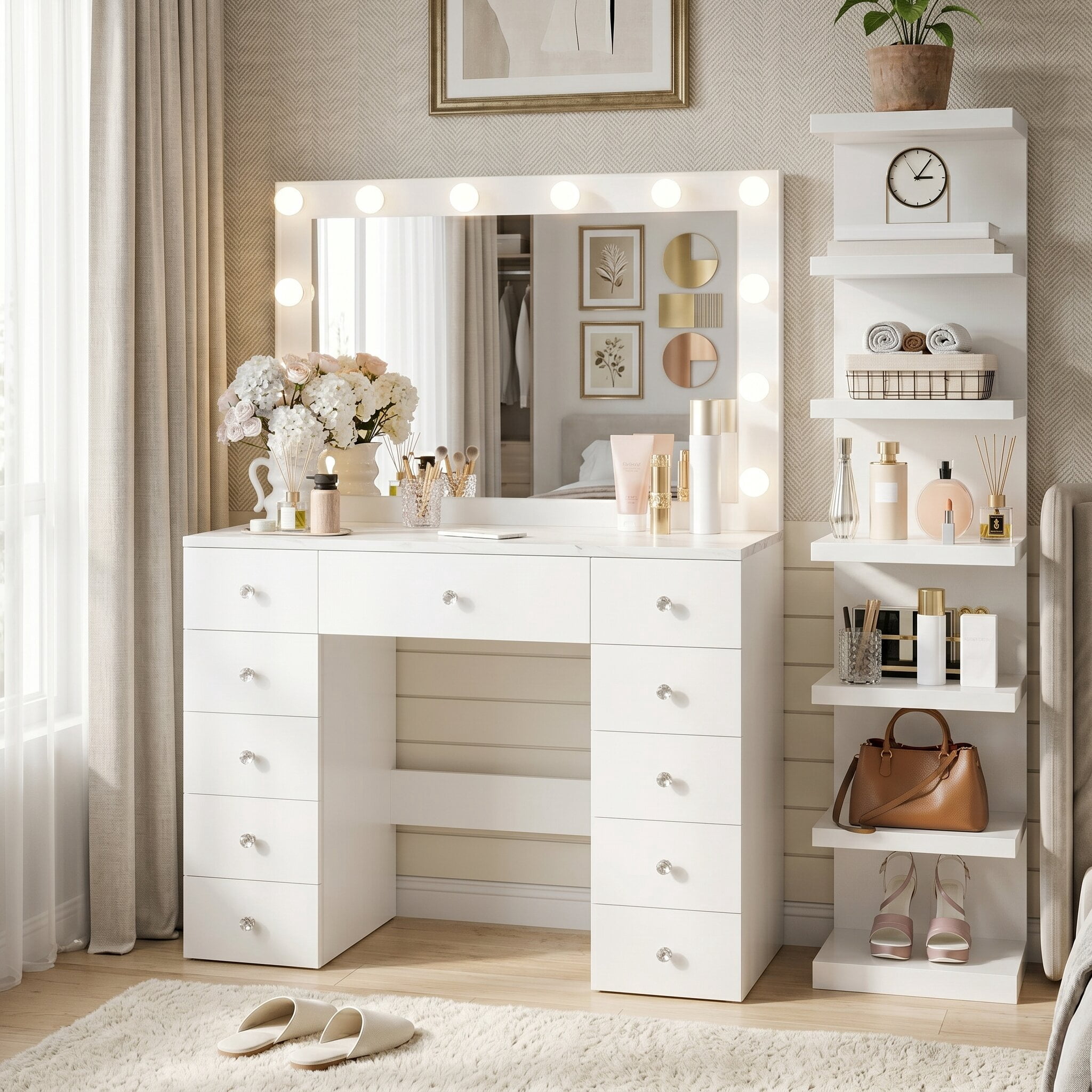 Mintazer 43.3" Vanity Desk with Hollywood Mirror & 7-Tier Shelf, Makeup Vanity Table with 11 Drawers & Charging Station, White