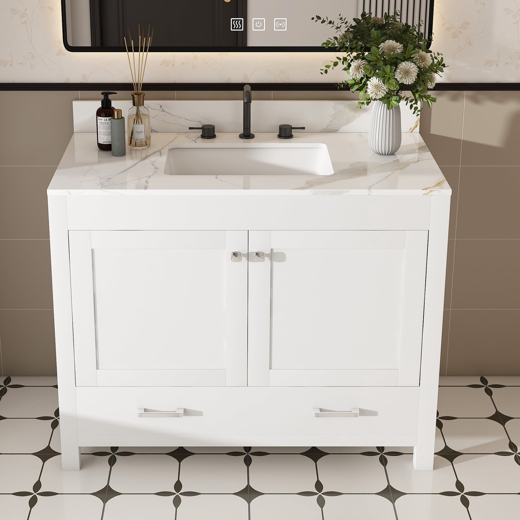 Mintazer 43 Inch Bathroom Vanity Cabinet with Sink, Bathroom Storage Vanity with Drawer & 3‑Hole Ceramic Sink Sintered Stone Countertop, Backsplash for Bathroom, White