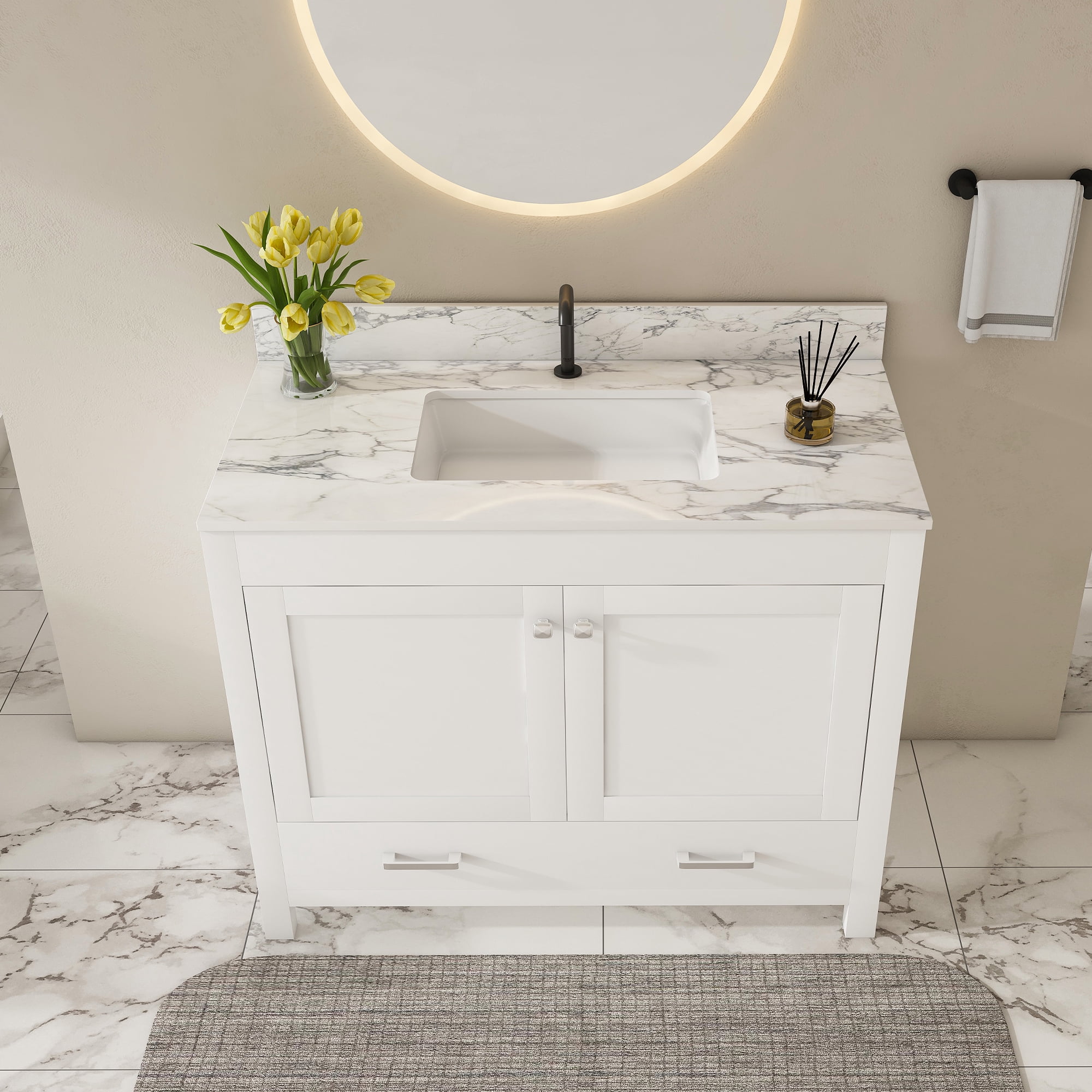 Mintazer 43 Inch Bathroom Vanity Cabinet with Sink, Bathroom Storage Vanity with Drawer & Single‑Hole Ceramic Sink Sintered Stone Countertop, Backsplash for Bathroom, White
