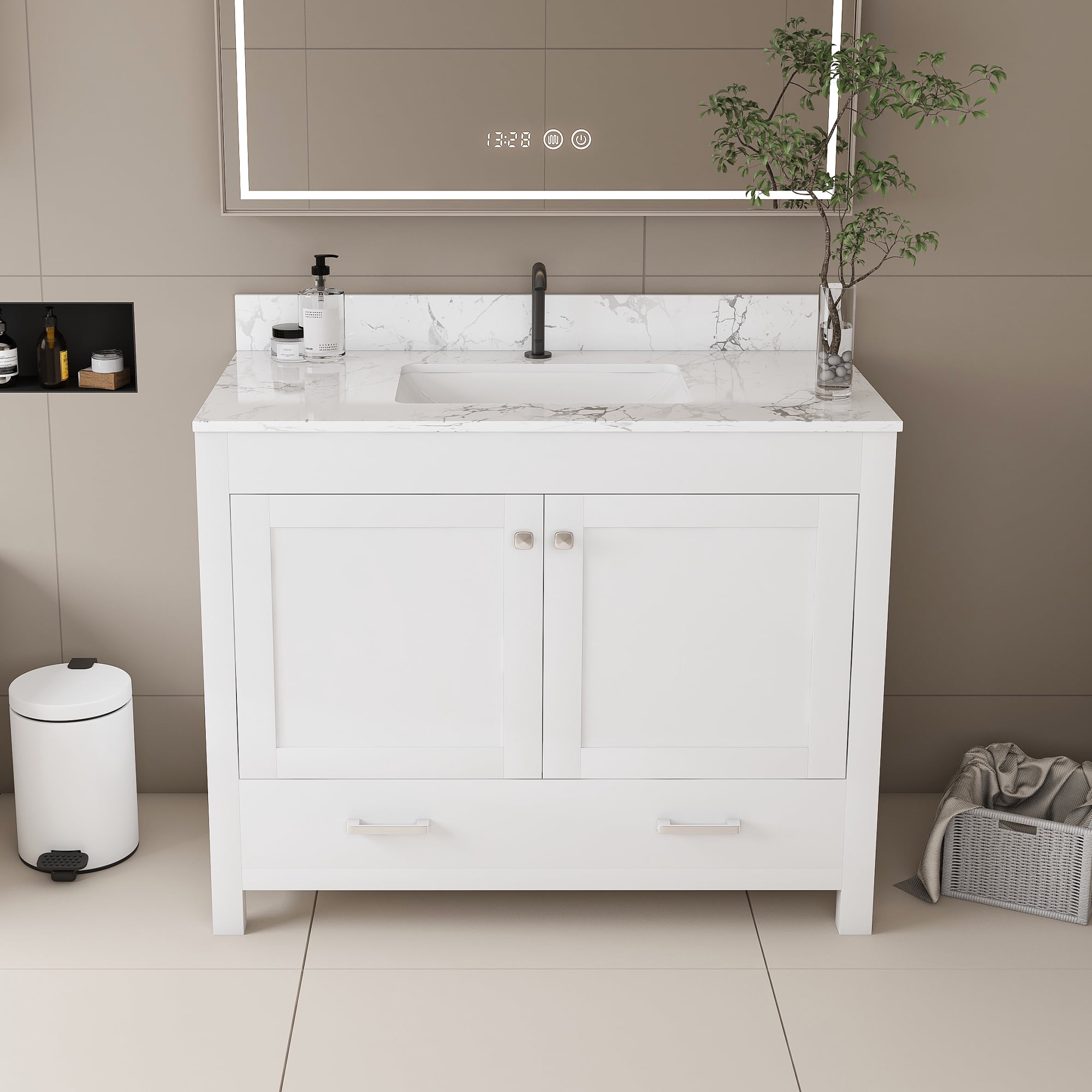 Mintazer 43 Inch Bathroom Vanity Cabinet with Sink, Bathroom Storage Cabinet with Drawer & Single‑Hole Marble‑Pattern Vanity Top for Bathroom, White