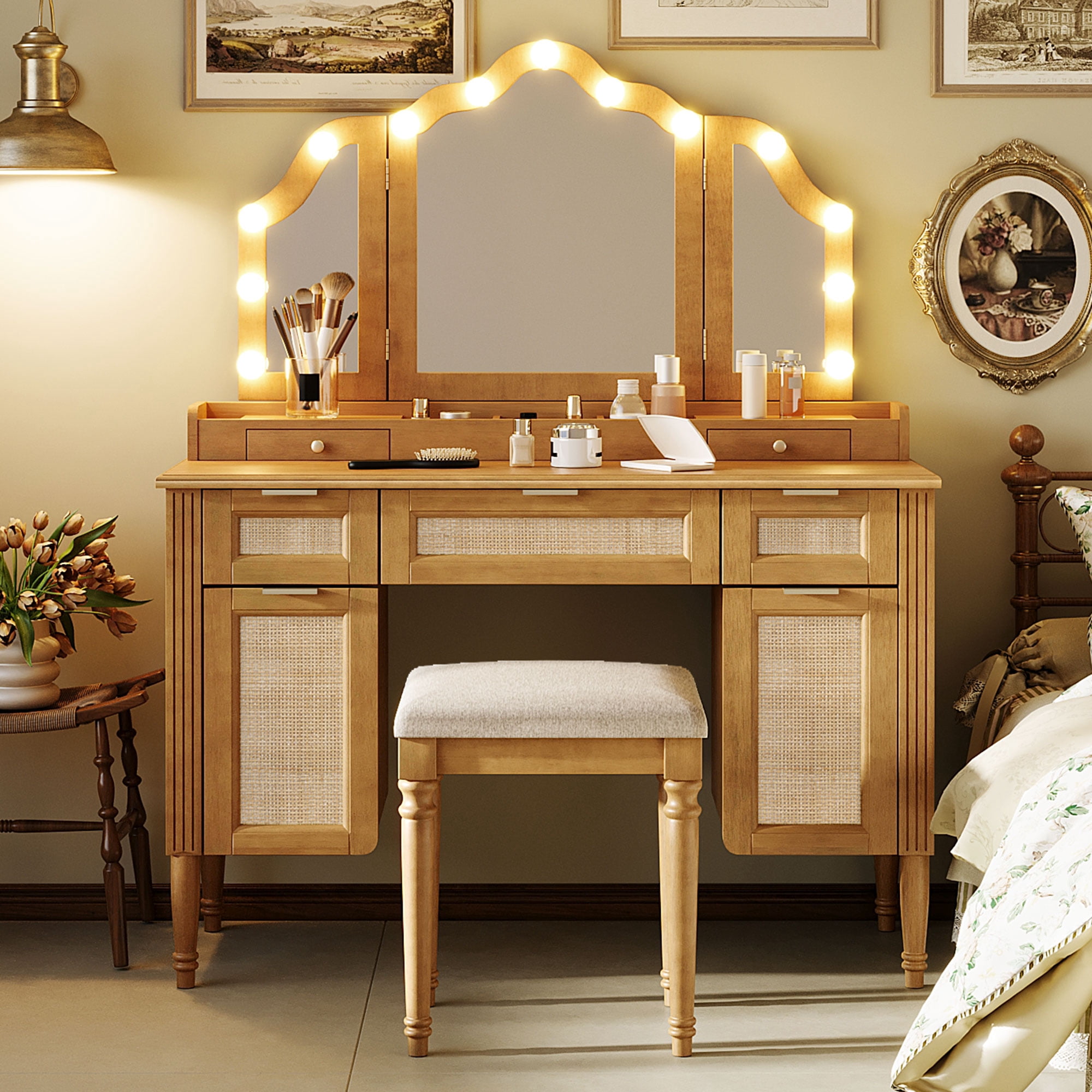 Mintazer 44" Makeup Vanity Set with Tri-Fold LED Mirror & Charging Station, Dressing Table with 5 Drawers & 2 Cabinets and Stool, Makeup Vanity Desk with Hollywood Bulbs for Bedroom, Natural