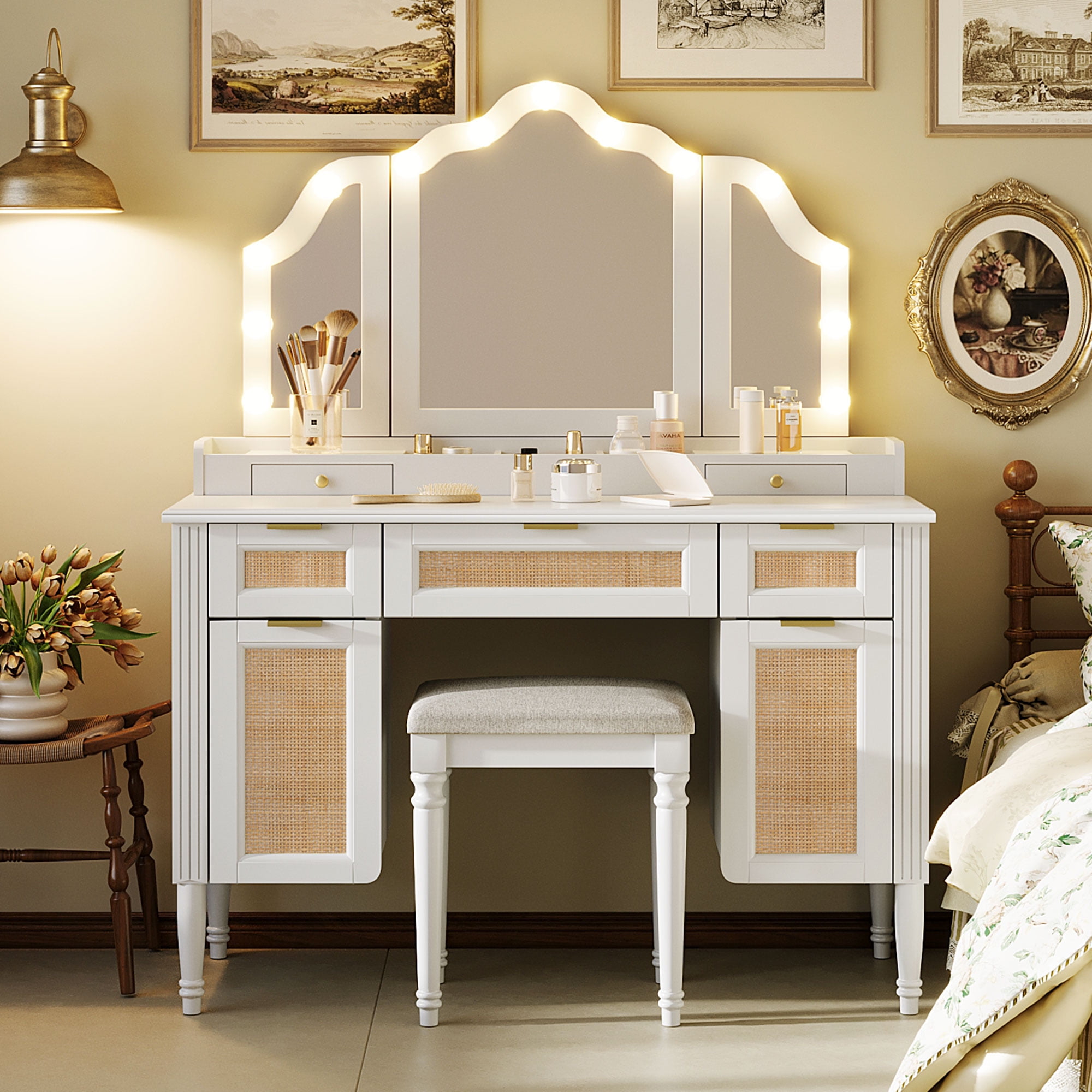 Mintazer 44" Makeup Vanity Set with Tri-Fold LED Mirror & Charging Station, Dressing Table with 5 Drawers & 2 Cabinets and Stool, Makeup Vanity Desk with Hollywood Bulbs for Bedroom, White