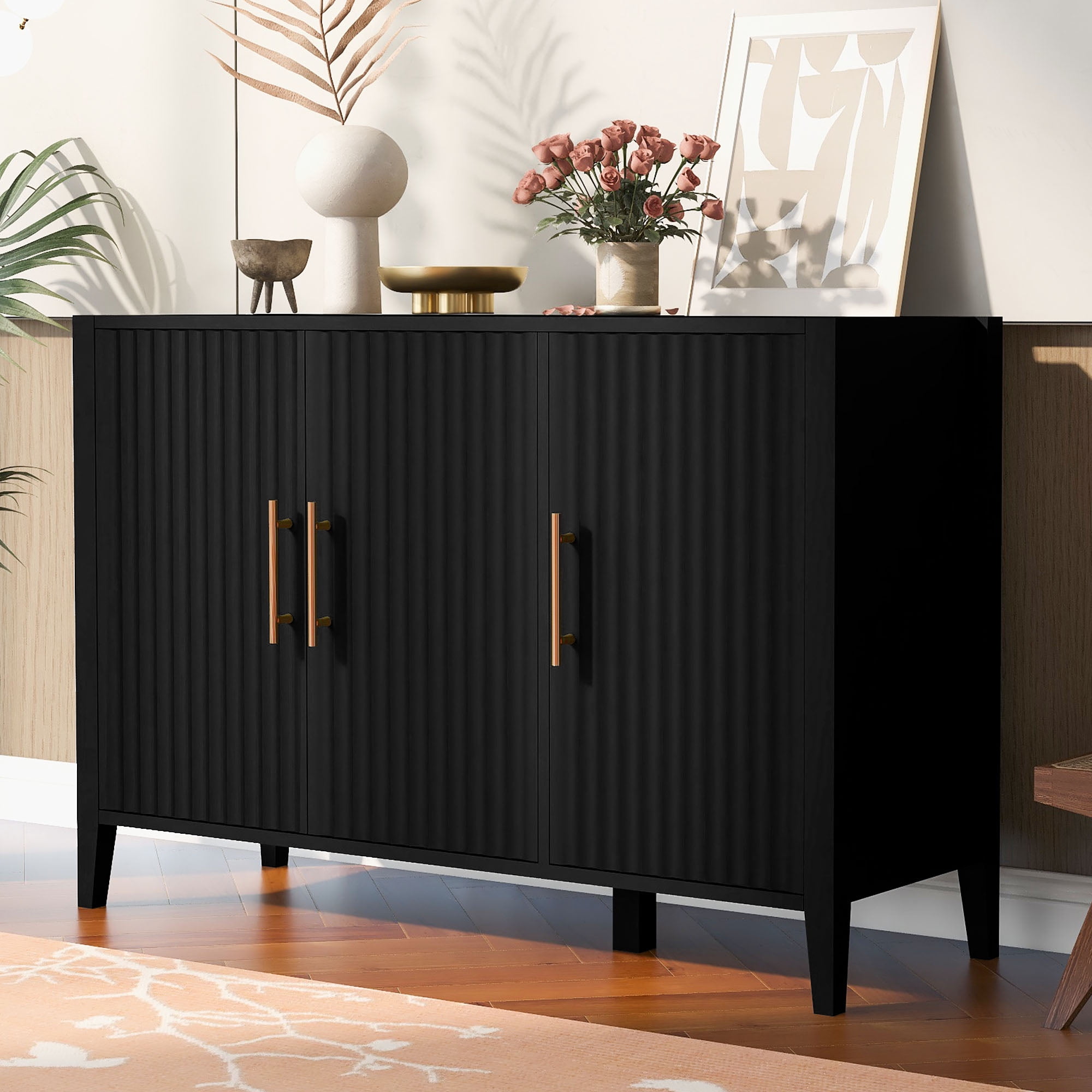 Mintazer 46.8" Fluted Sideboard Buffet Cabinet with 3 Door, Modern Wave Slatted Storage Credenza with Gold Metal Handles for Dining Room Living Room Entryway, Black