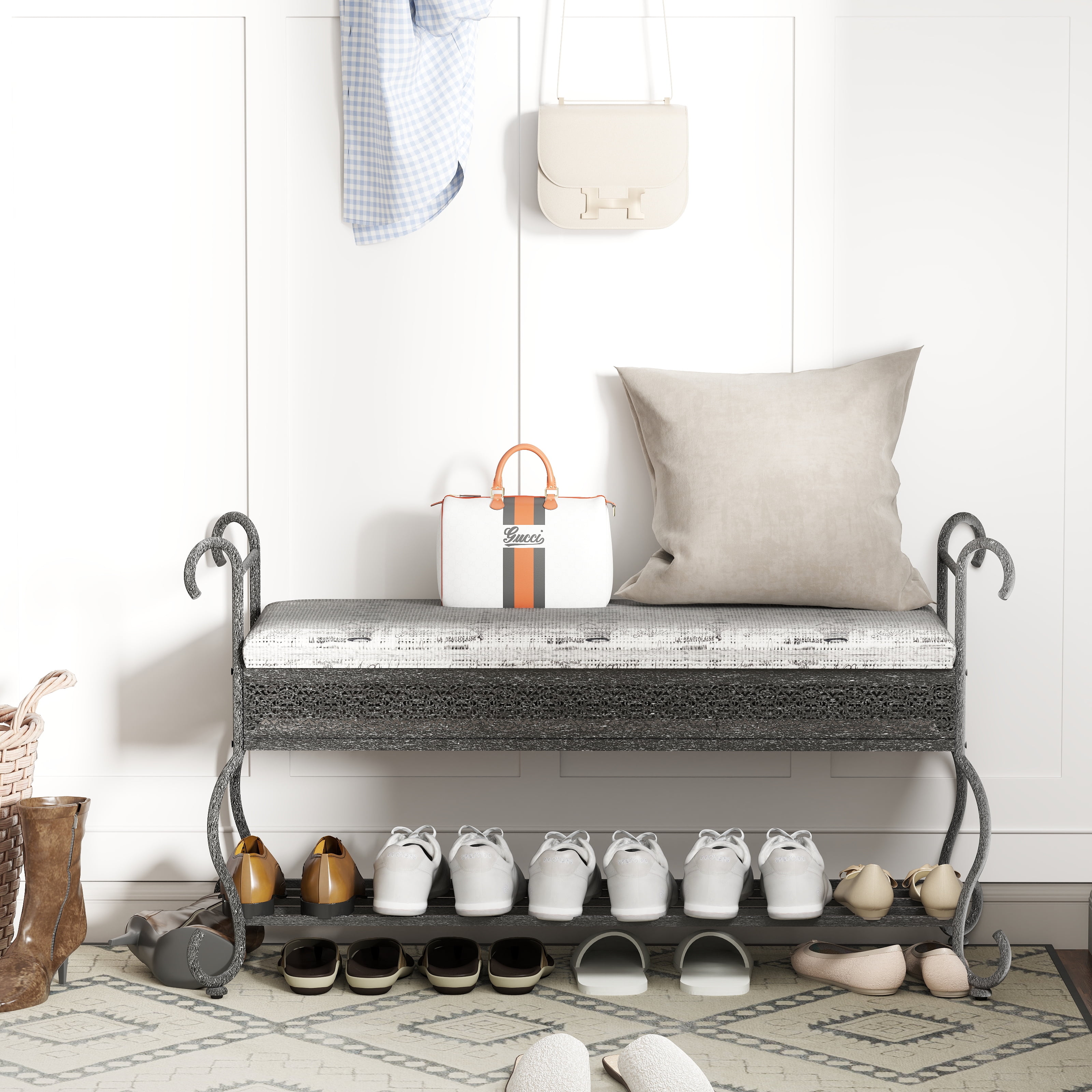 Mintazer 46" Rustic Shoe Bench with Cushioned Seat & Storage, Shoe Rack for Hallway & Entryway