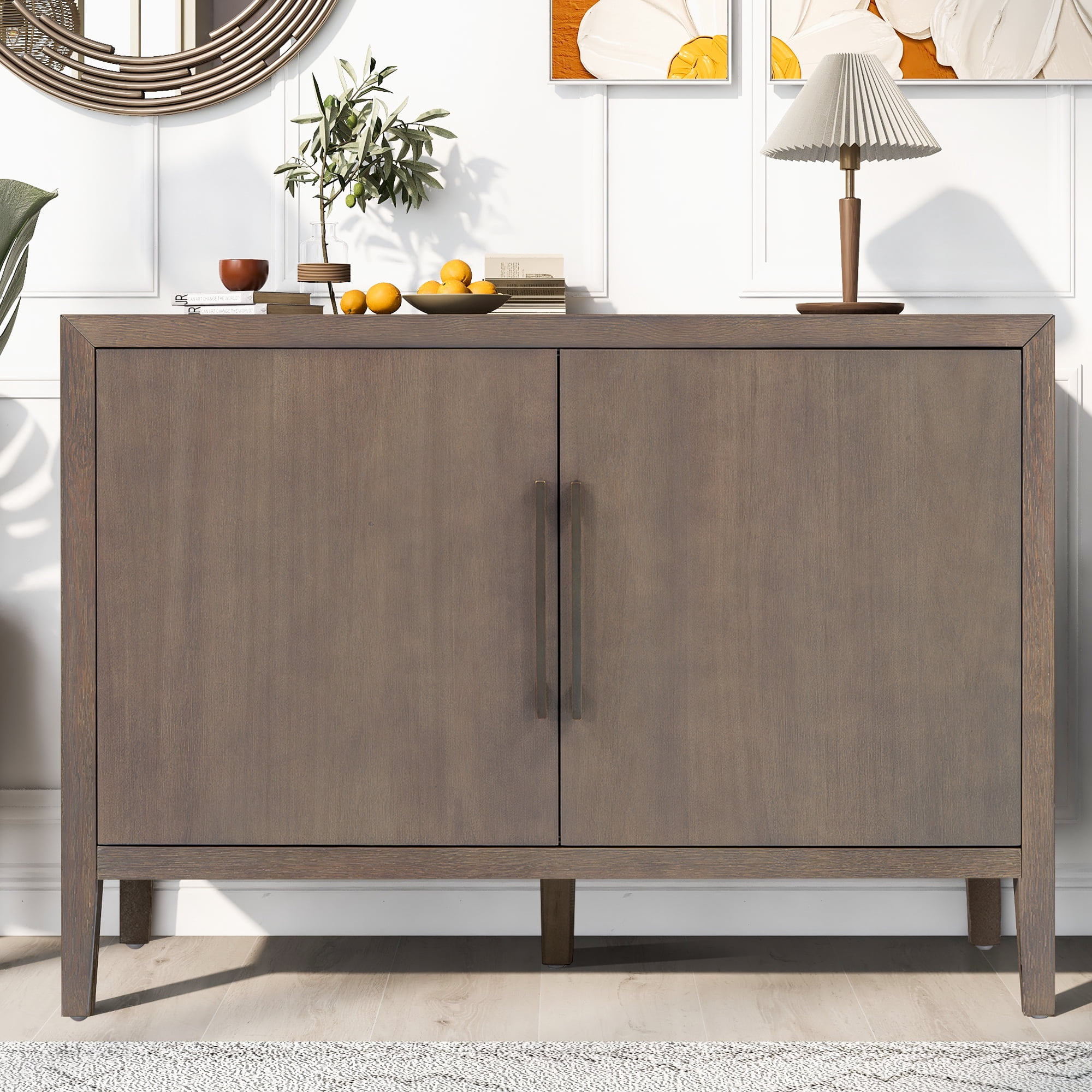 Mintazer 47.25" Farmhouse Sideboard with 2 Doors & Adjustable Feet, Wooden Storage Cabinet with Pine Veneer & Metal Handles for Entryway Living Room, Brown