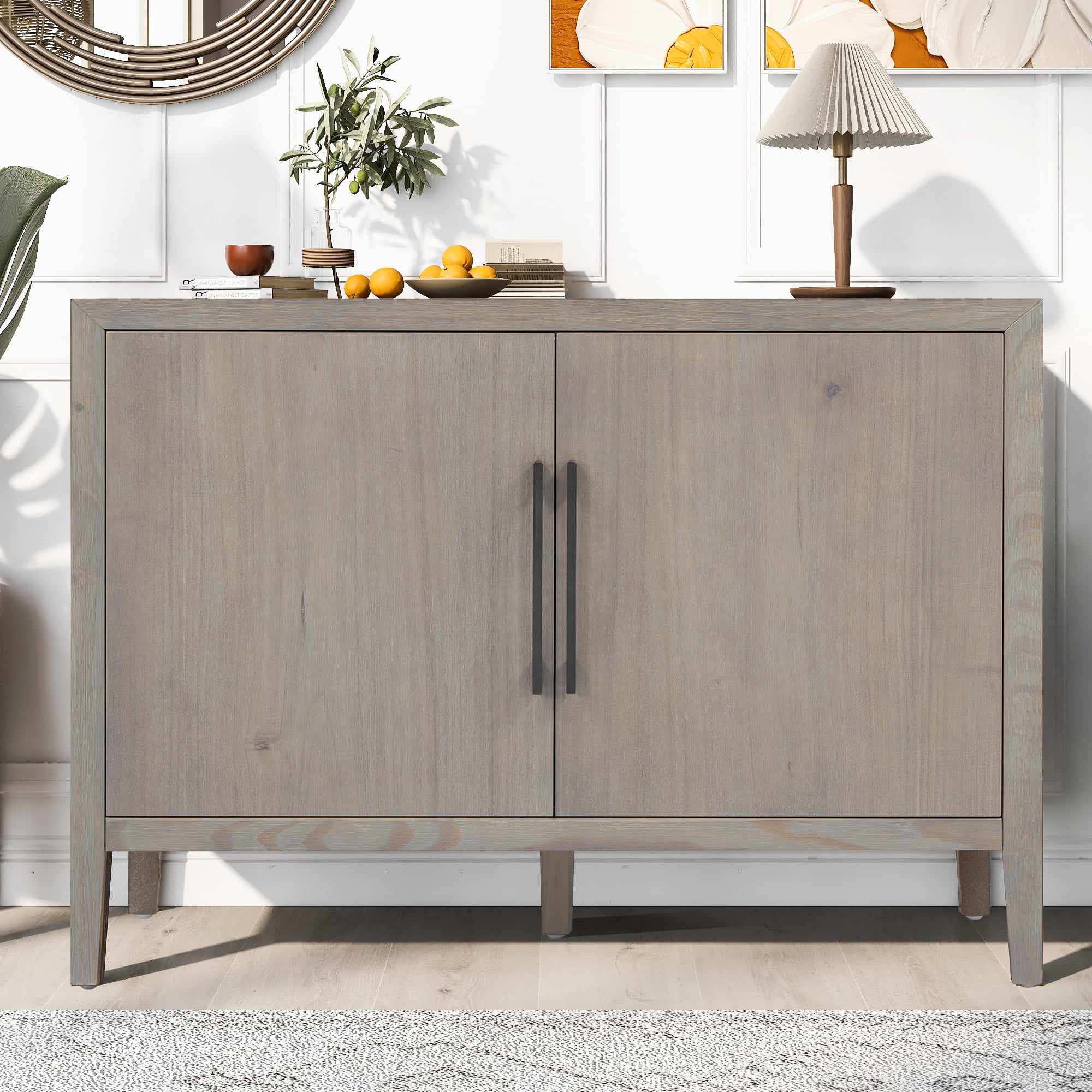 Mintazer 47.25" Farmhouse Sideboard with 2 Doors & Adjustable Feet, Wooden Storage Cabinet with Pine Veneer & Metal Handles for Entryway Living Room, Gray