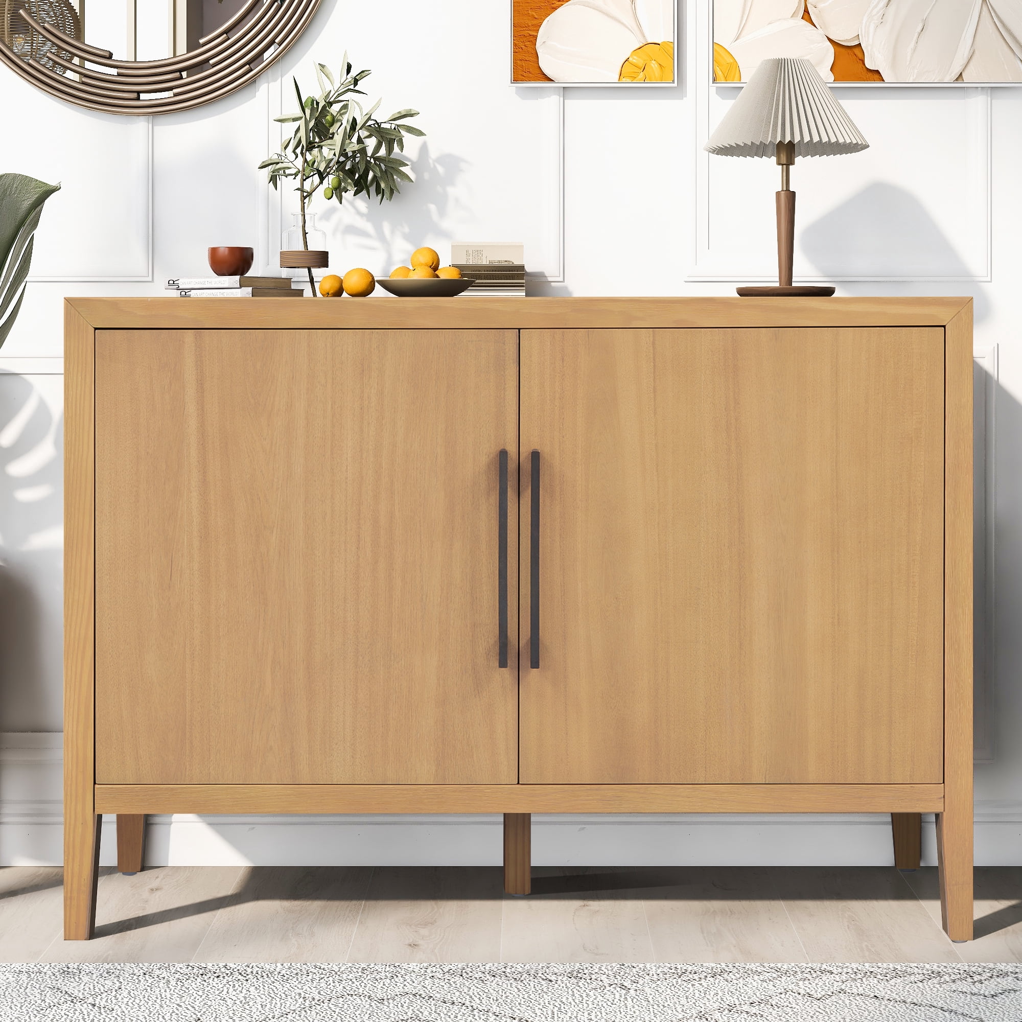 Mintazer 47.25" Farmhouse Sideboard with 2 Doors & Adjustable Feet, Wooden Storage Cabinet with Pine Veneer & Metal Handles for Entryway Living Room, Natural