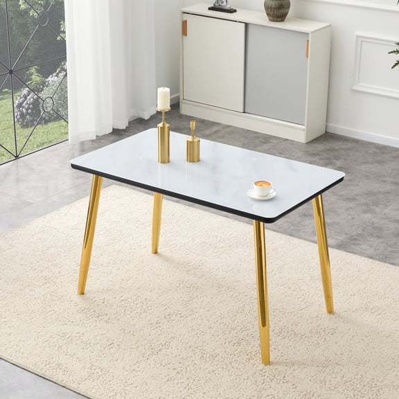 Mintazer 47.3 Inch Modern White Marble Vein Rectangular Dining Table with Tempered Glass Top & Black Table Edge, Minimalist Kitchen Table for 4-6 People, White & Gold
