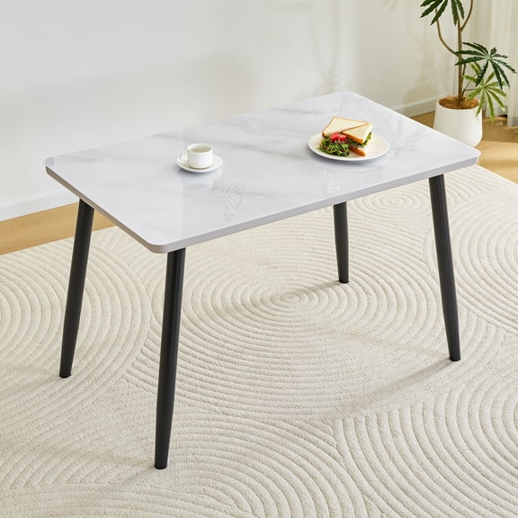Mintazer 47.3 Inch Modern White Marble Vein Rectangular Dining Table with Tempered Glass Top, Minimalist Kitchen Table for 4-6 People, White & Black