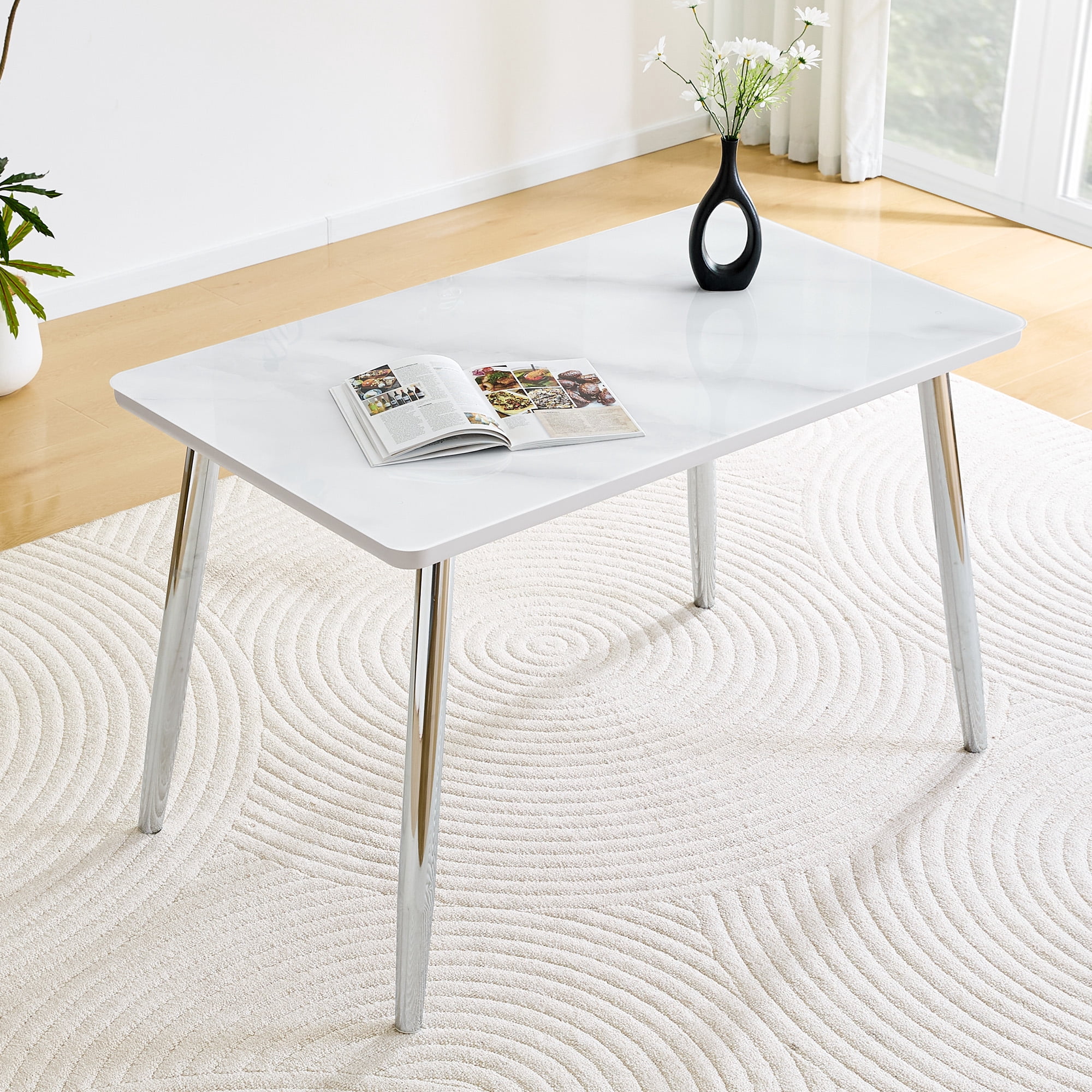 Mintazer 47.3 Inch Modern White Marble Vein Rectangular Dining Table with Tempered Glass Top, Minimalist Kitchen Table for 4-6 People, White & Silver
