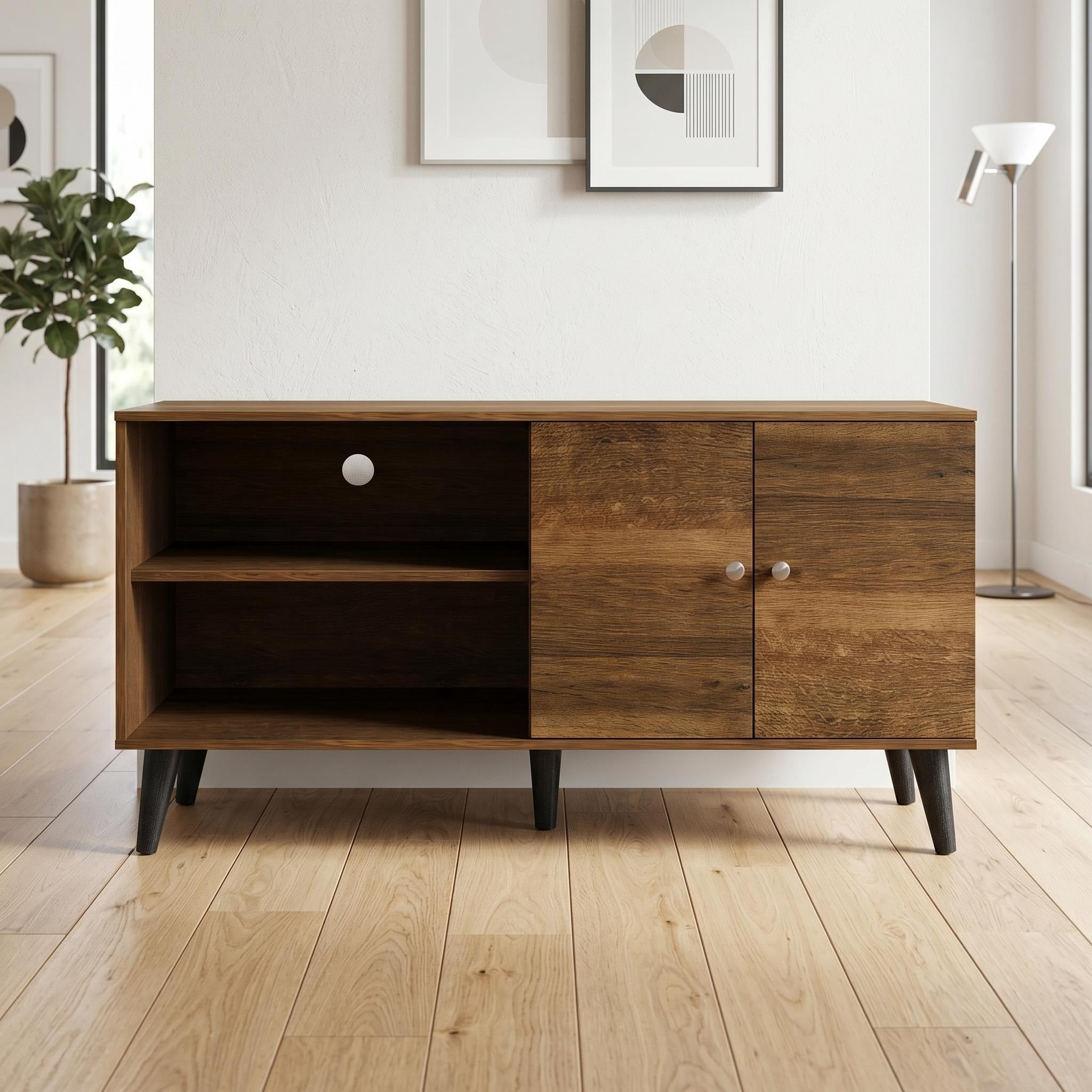 Mintazer 47.3" Mid-Century Modern TV Stand with Open Storage, Media Entertainment Centre with Cable Hole & 2 Door Cabinet, Brown