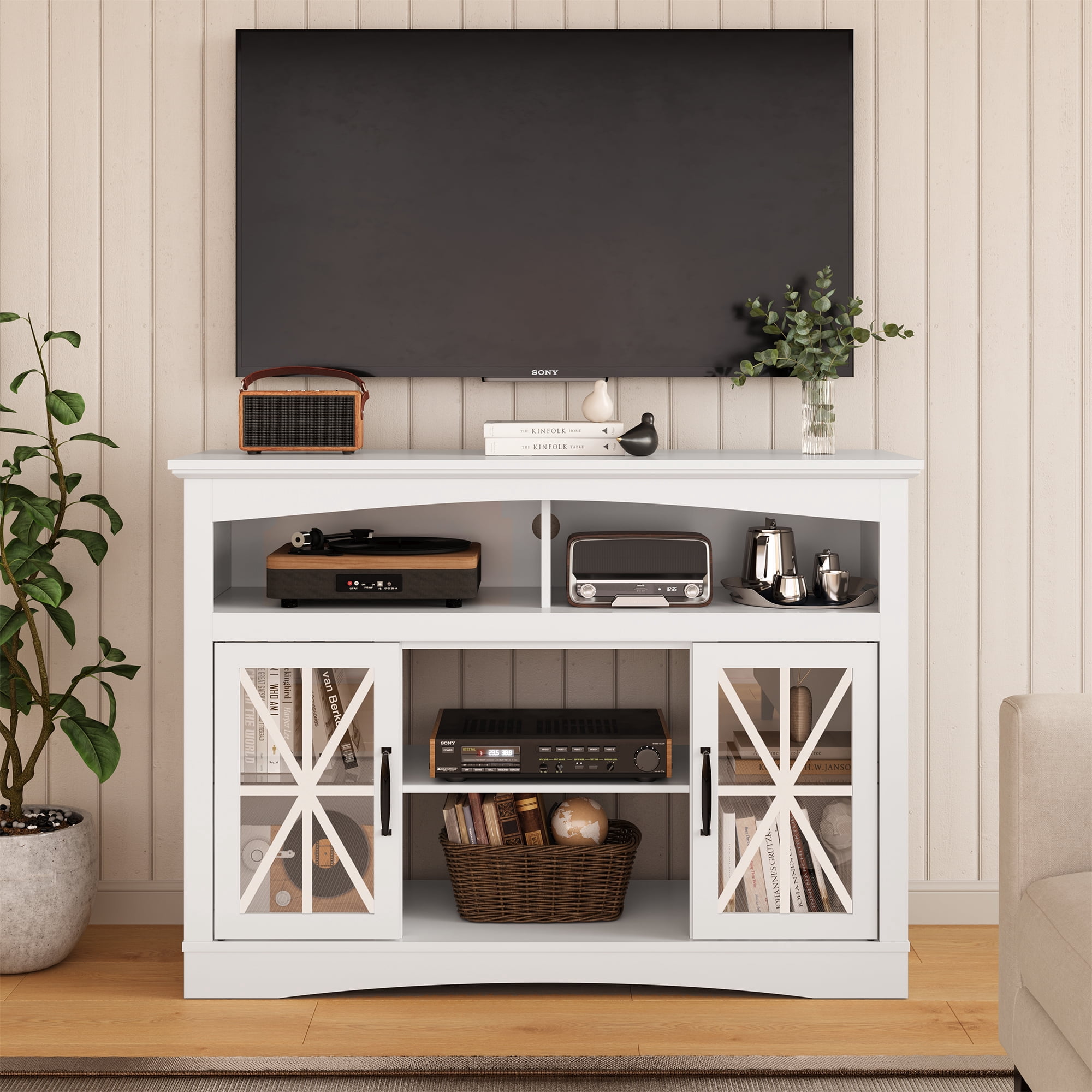 Mintazer 47" Farmhouse TV Stand with Adjustable Shelves & LED Light, Retro Media Entertainment Center Storage Cabinet for Living Room, Bedroom, White