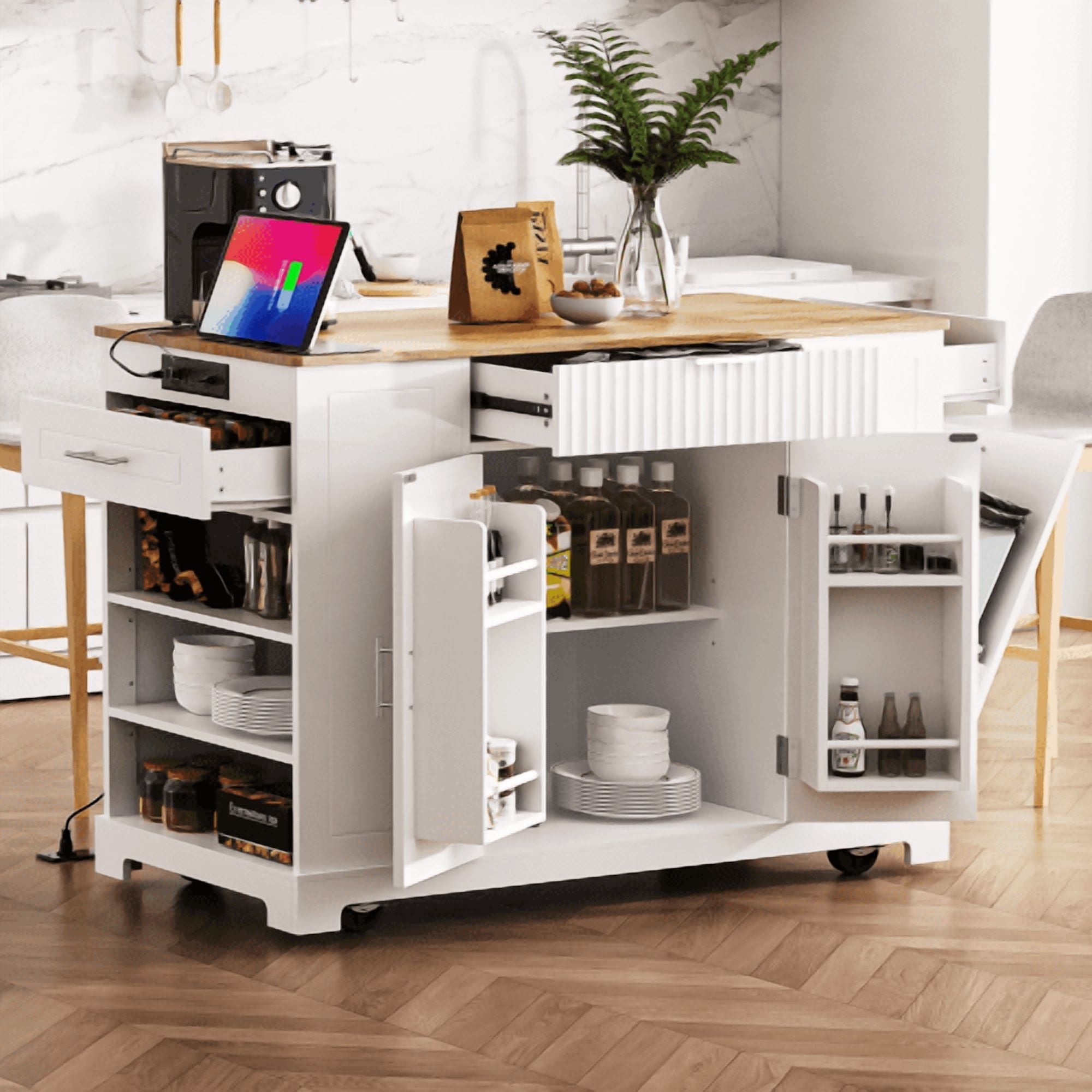 Mintazer 47" Fluted Kitchen Island Cart with Storage Cabinet & Power Outlet, Rolling Kitchen Island Table with 3 Drawers & Tilt-Out 10 Gallon Garbage Bin Compartment, White