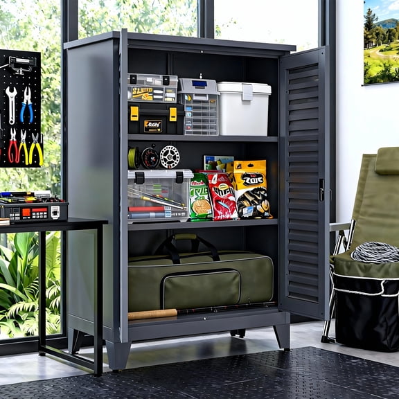 Mintazer 47"H Garage Rack Metal Tool Storage Cabinet with Door & Adjustable Shelves for Office, Warehouse, Garden, Dark Gray