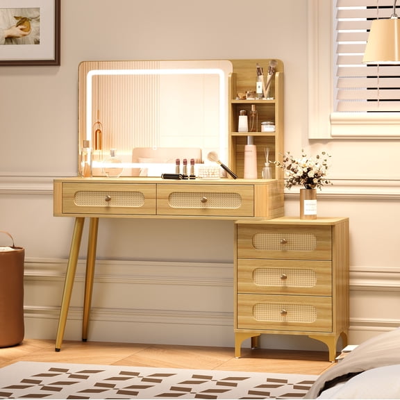 Mintazer 47" Vintage Makeup Vanity with LED Mirror and 3 Color Modes & Adjustable Brightness, Dressing Table with 5 Drawer & Storage Shelf for Gilrs Women, Natural
