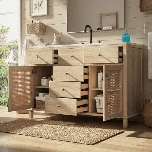 Mintazer 48 Inch Rattan Bathroom Vanity, Coastal Boho Single Sink Bath Cabinet with 5 Drawers & Soft Close Rattan Doors, Natural