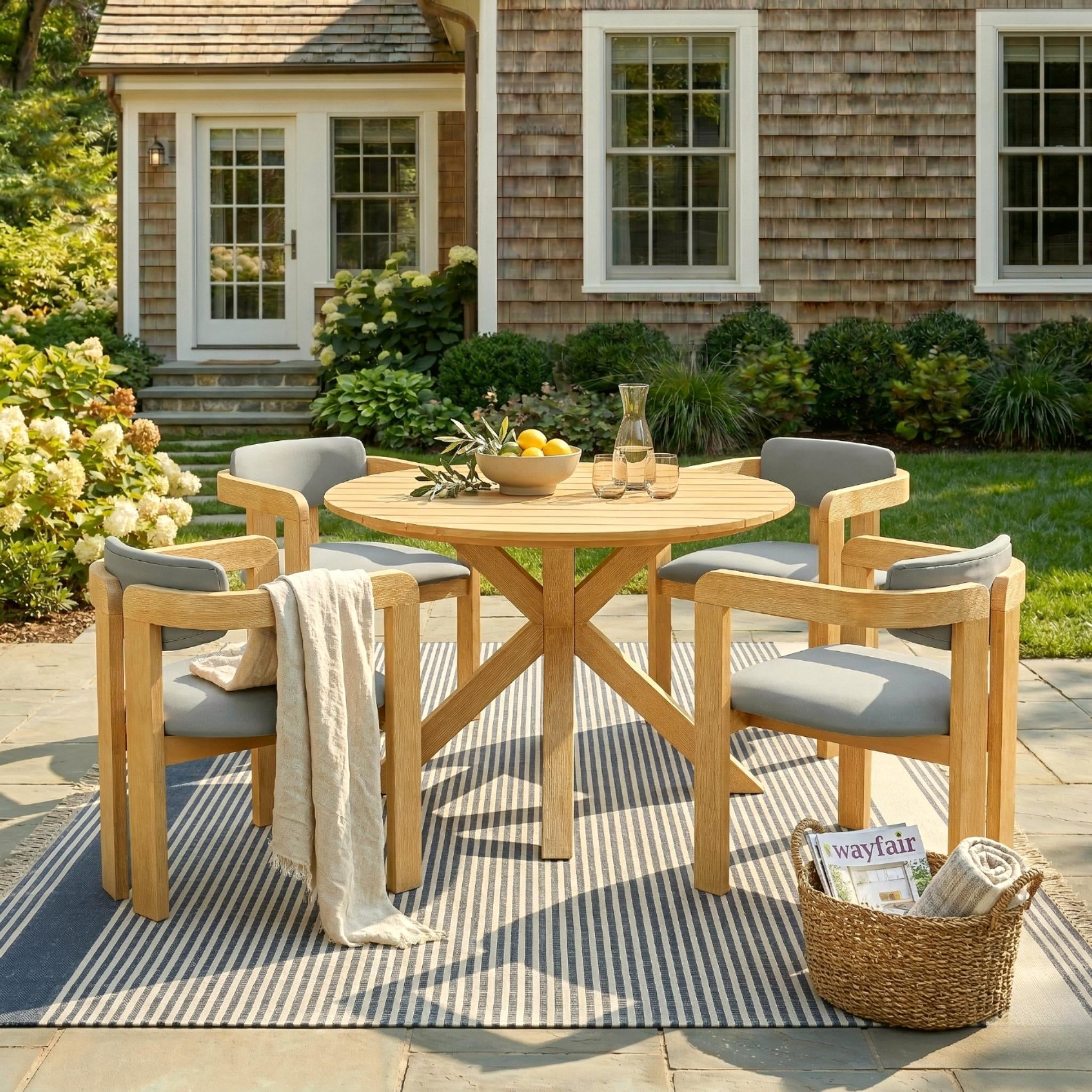 Mintazer 5 Piece Outdoor Dining Set, Patio Dining Set with Round Table & 4 Barrel Chairs, Modern Garden Conversation Set with Cushions for Patio Garden Balcony Backyard, Natural & Gray