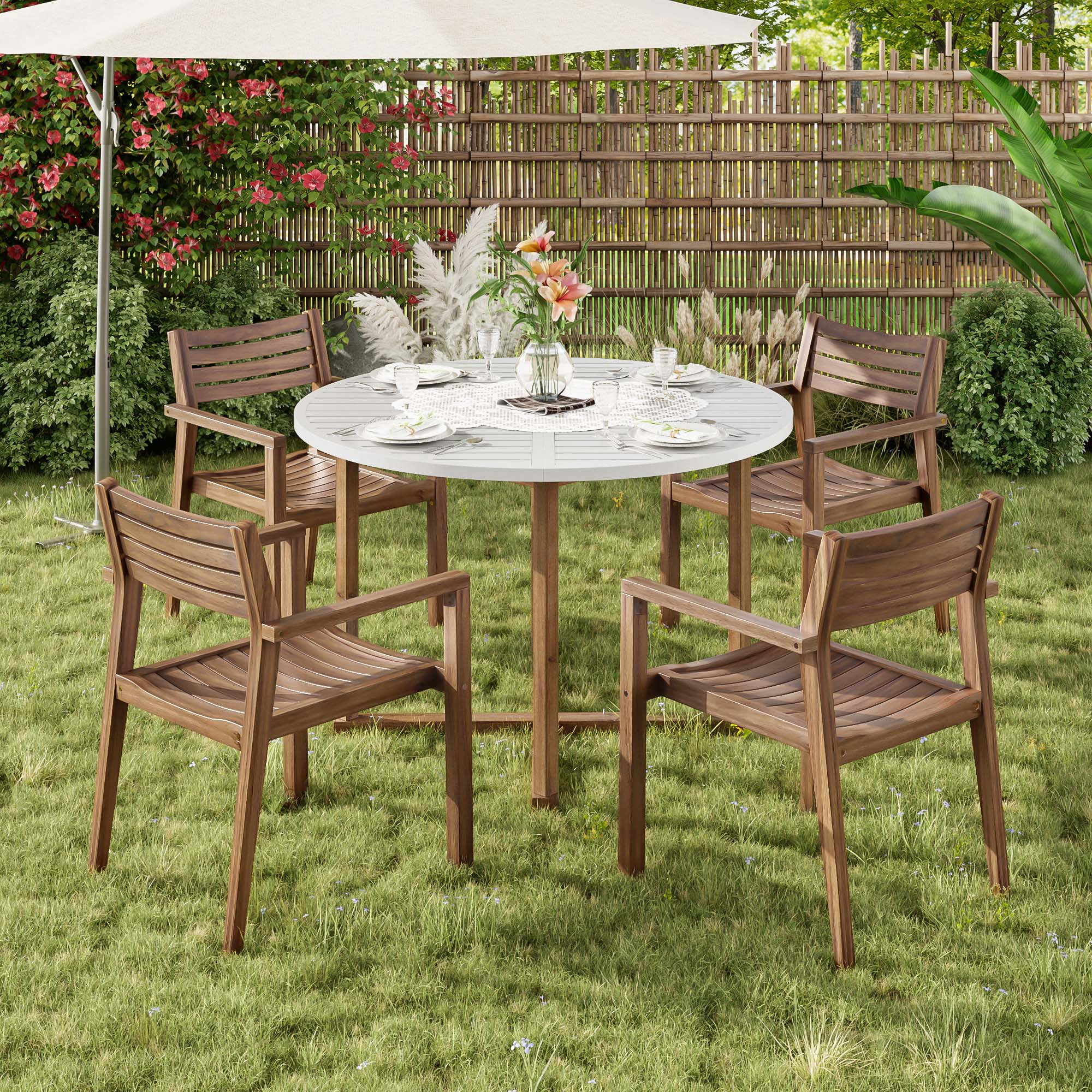 Mintazer 5 Piece Outdoor Patio Dining Set with 47.2" Round Table & 4 Chairs for Patio Lawn Garden & Indoor, Brown & White