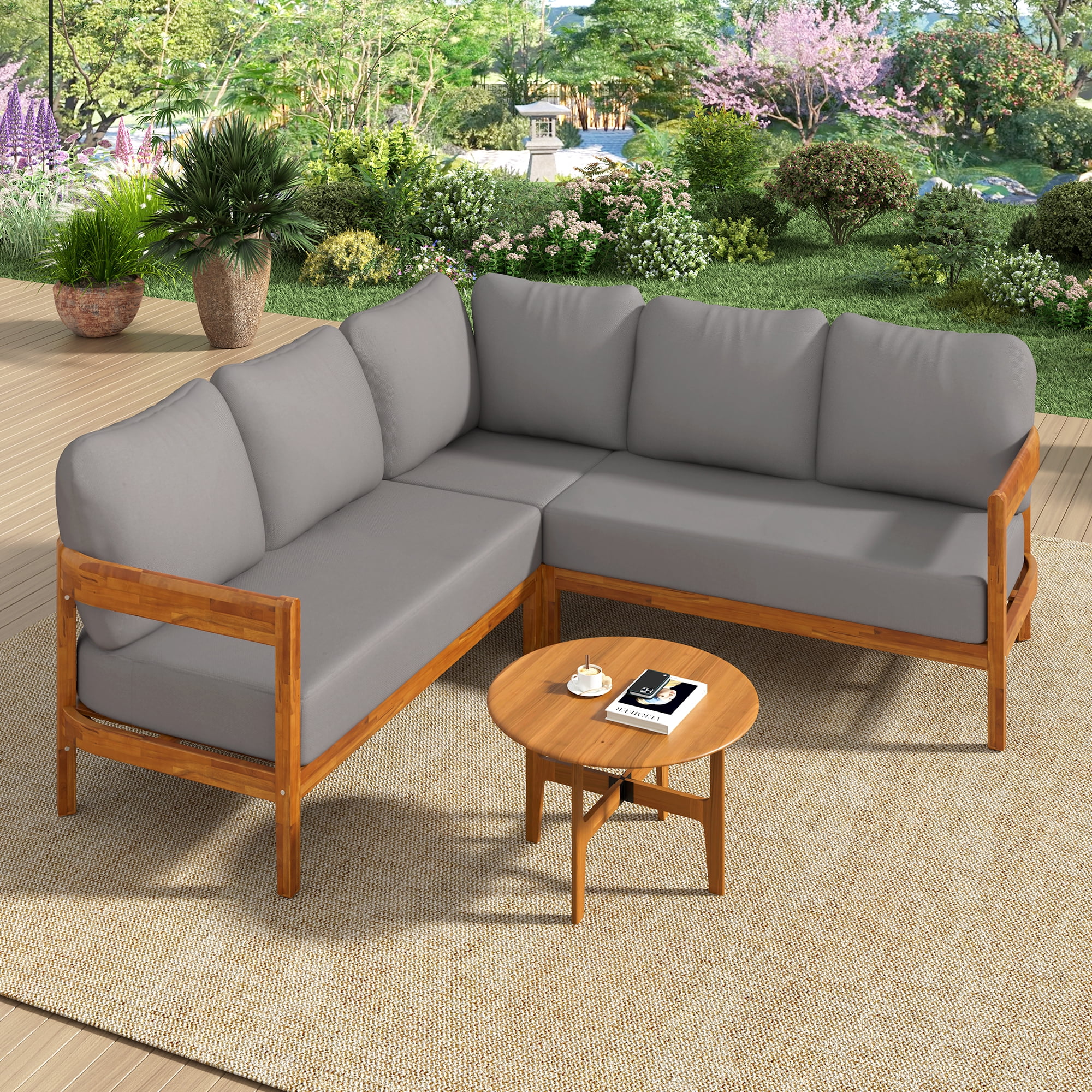 Mintazer 5-Piece Patio Furniture Set, L-Shaped Outdoor Sectional Sofa with Arc Frame & Thick Cushions for Garden, Grey