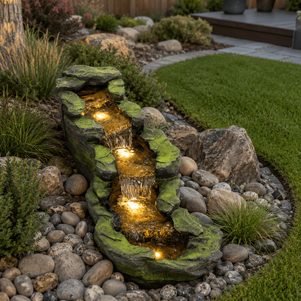 Mintazer 5-Tier Cascading Rock Polyresin Outdoor Water Fountain with Warm LED Lights, Recirculating Quiet Pump Weatherproof Garden Patio Landscape Waterfall Fountain