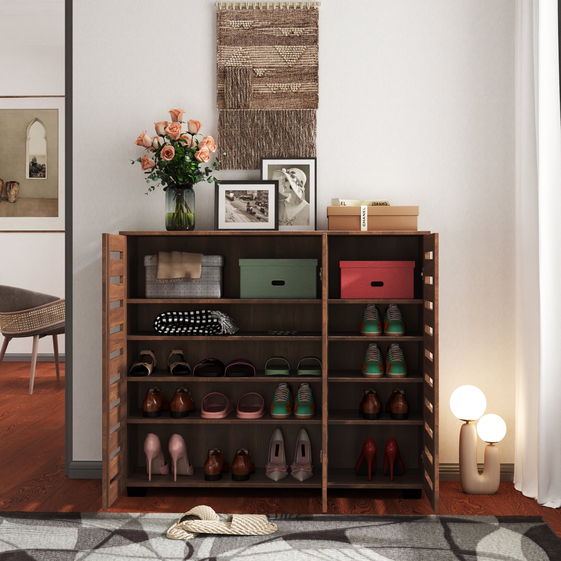 Mintazer 5 Tier Shoe Storage Cabinet with Louvered Doors & Adjustable Shelves, Shoe Rack Organizer for Entryway Hallway Living Room, Brown
