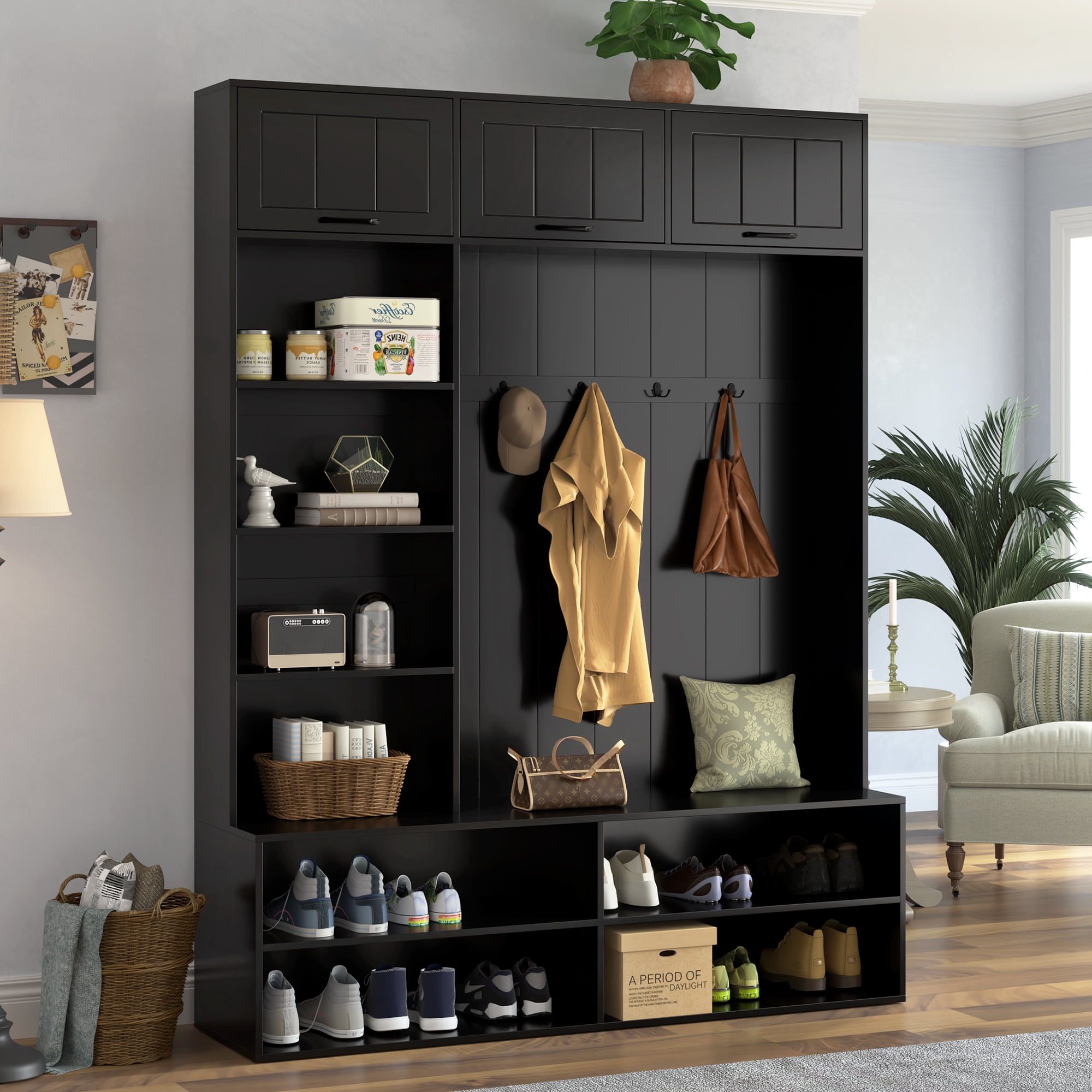 Mintazer 5-in-1 Farmhouse Hall Tree with Bench and Shoe Storage, 79"H Entryway Storage Organizer with Coat Rack & Hooks for Hallway, Living Room, Black
