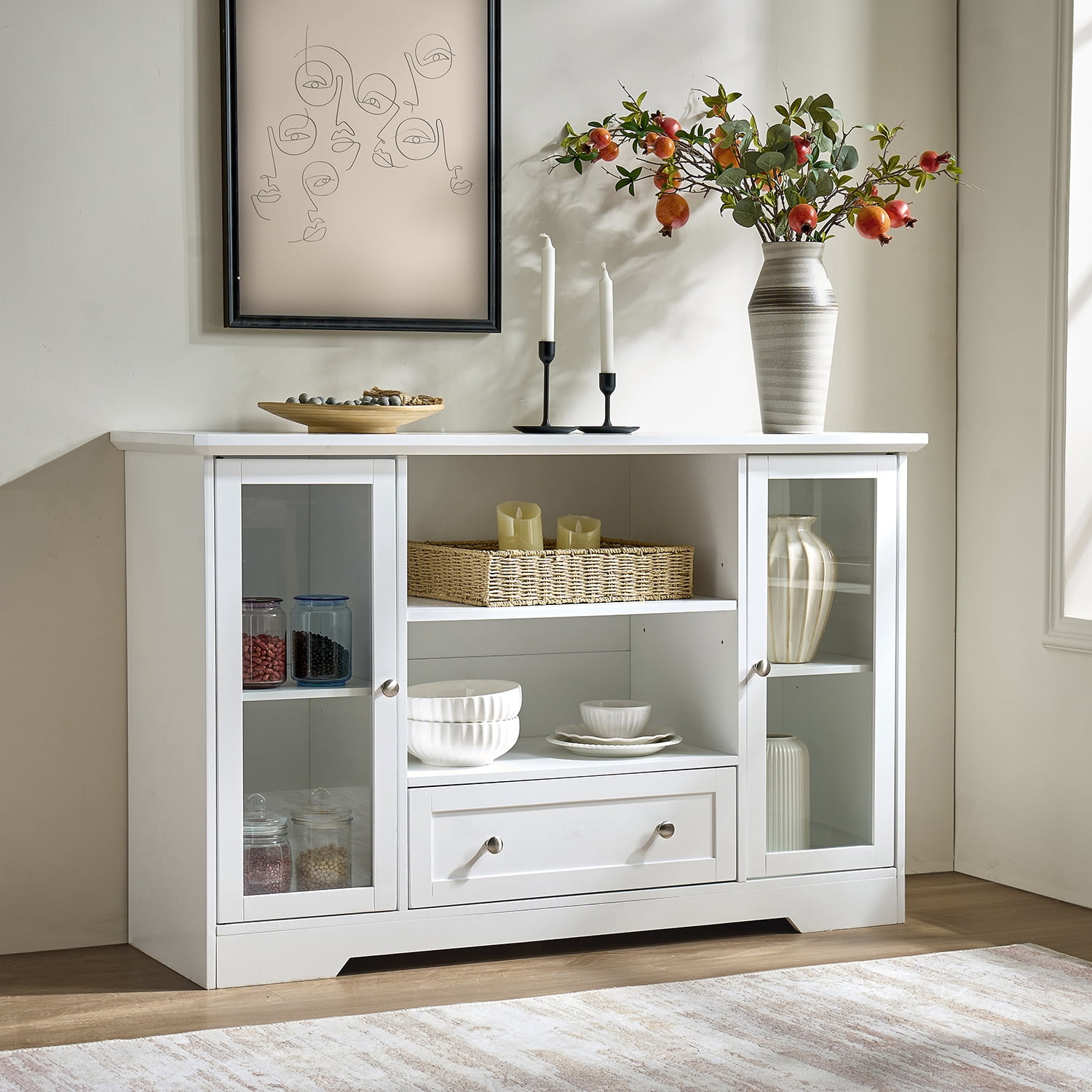 Mintazer 51" Large Sideboard Buffet Cabinet with Drawer, Storage Cabinet with 2 Glass Doors & Adjustable Shelves for Kitchen Living Room, White