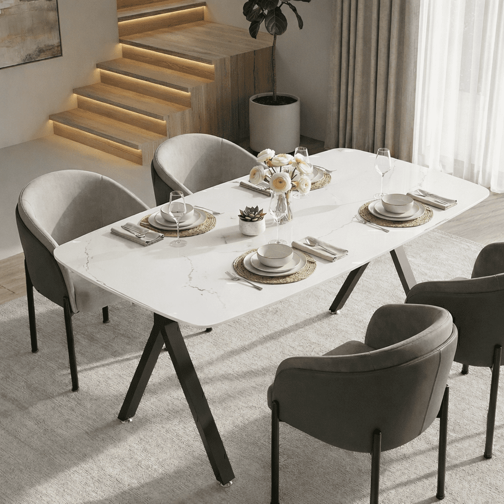 Mintazer 51" Modern Rectangular Dining Table with Marble Tempered Glass Top & Black Metal Legs, Kitchen Table for 4-6 People, Black & White