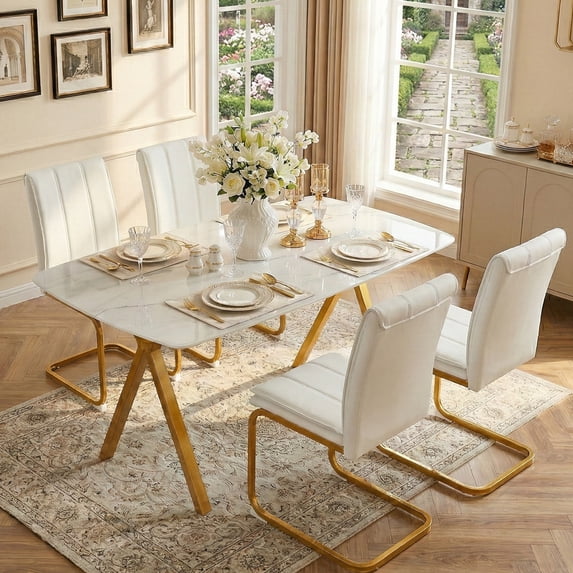 Mintazer 51" Modern Rectangular Dining Table with Marble Tempered Glass Top & Gold Metal Legs, Kitchen Table for 4-6 People, Gold & White