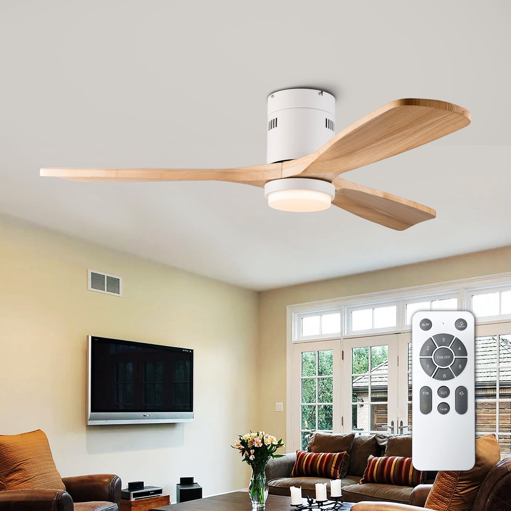 Mintazer 52 in Low Profile Flush Mount Ceiling Fan with Dimmable LED Light & Remote Control, Modern Ceiling Fan with Noiseless for Bedroom Living Room, White